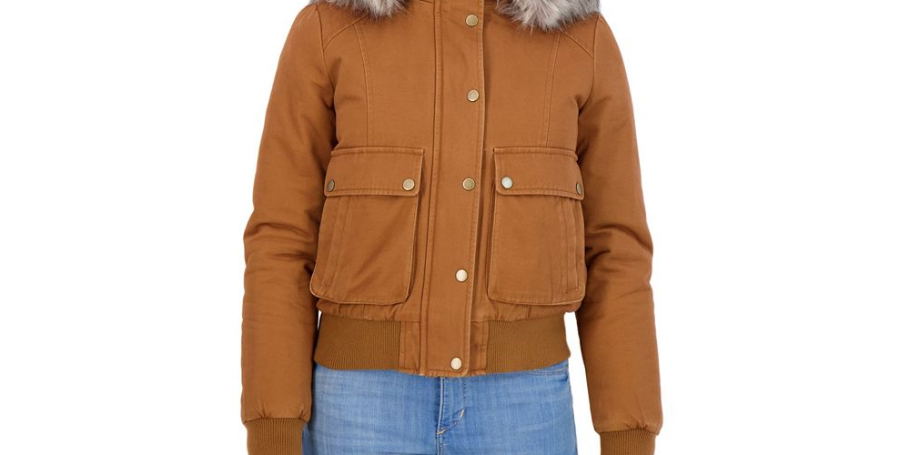 Sebby Junior's Faux Trim Hooded Bomber Jacket Brown Size Small