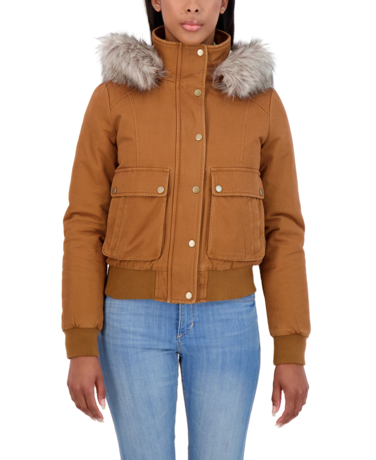 Sebby Junior's Faux Trim Hooded Bomber Jacket Brown Size Small