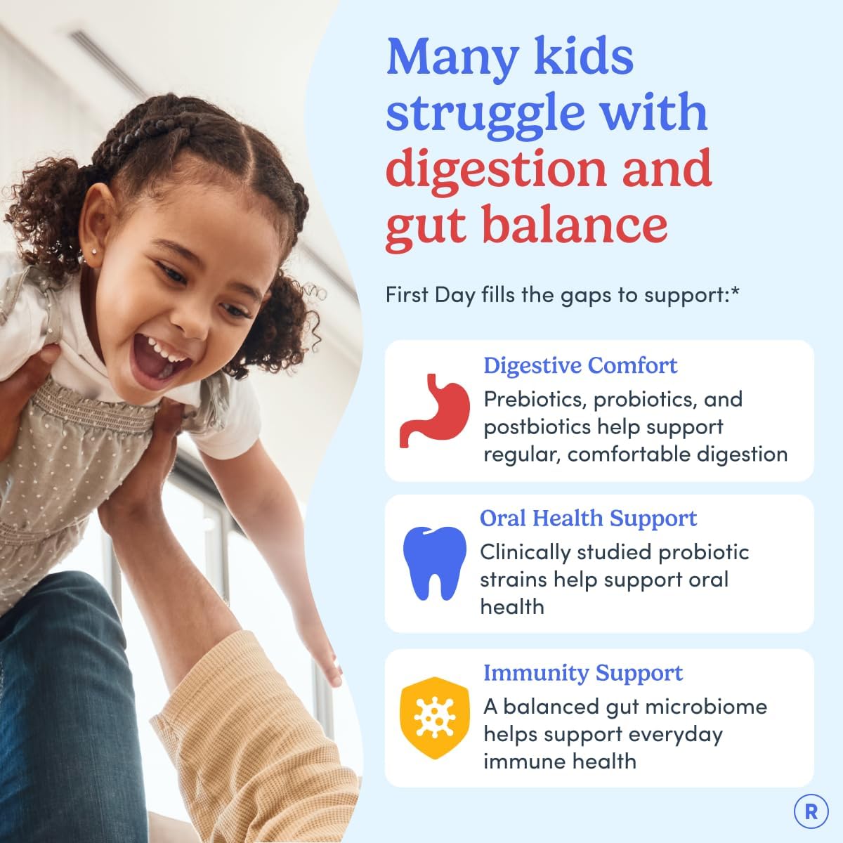 FIRST DAY Kids 3-in-1 Probiotic Gummies – Prebiotic + Probiotic + Postbiotic Supplement – Supports Digestive & Oral Health, Immune Function & Energy Levels – 30-Day Supply