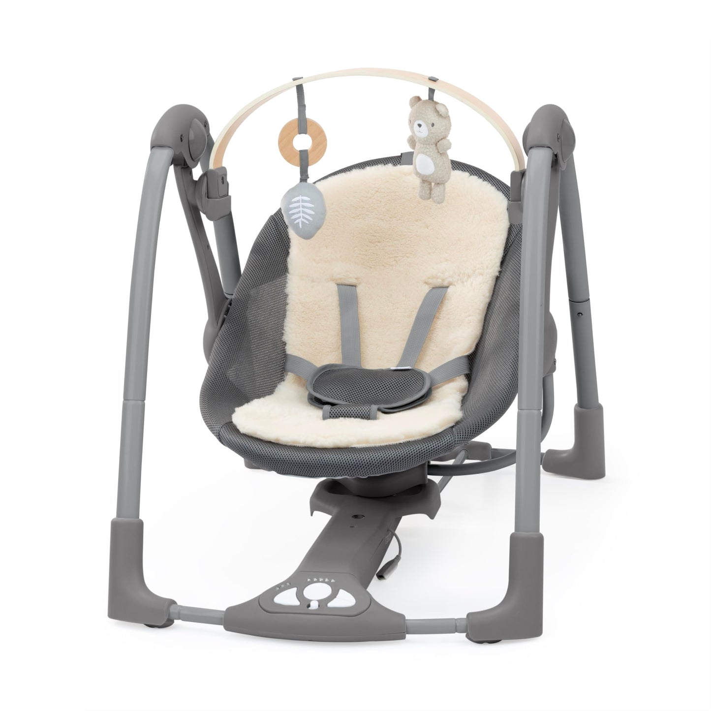 Ingenuity Every Season Swing n Go Portable Swing  Cooling and Warming Fabrics Detachable Sustainable Wooden Toy Bar 2 Toys Music Motorized Swing for Ages 09 Months Grey  Wesley