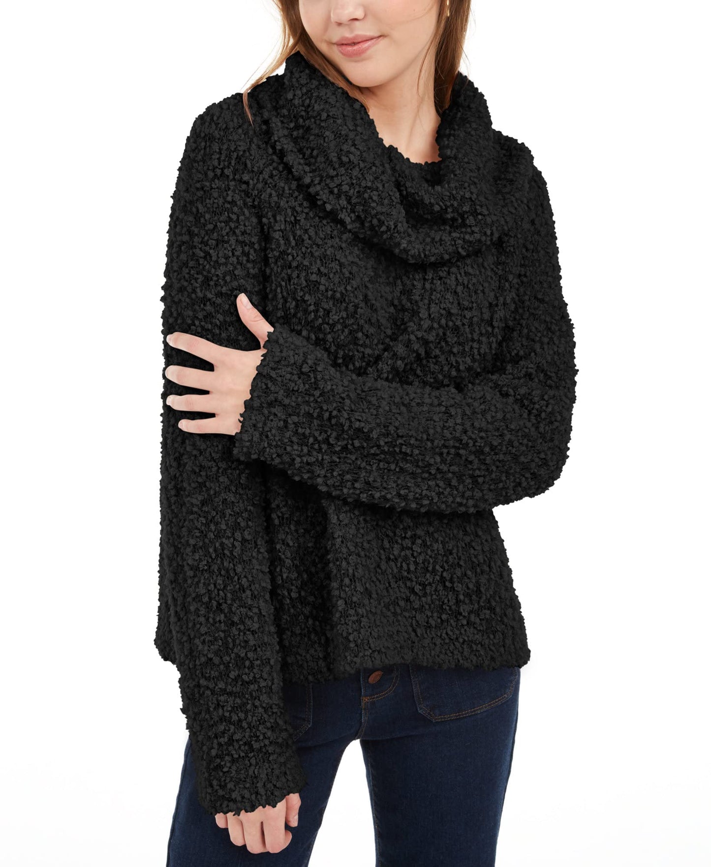 Hippie Rose Juniors' Textured Cowl-Neck Sweater (M, Black)