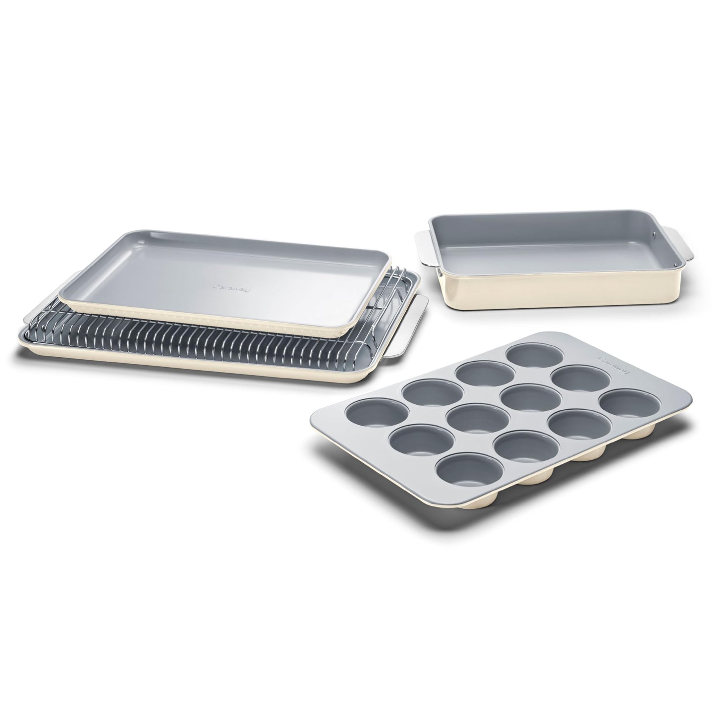 Caraway Nonstick Ceramic Bakeware Set 5 Pieces  Baking Sheets Assorted Baking Pans  Storage  Aluminized Steel Body  Non Toxic PTFE  PFOA Free  Cream