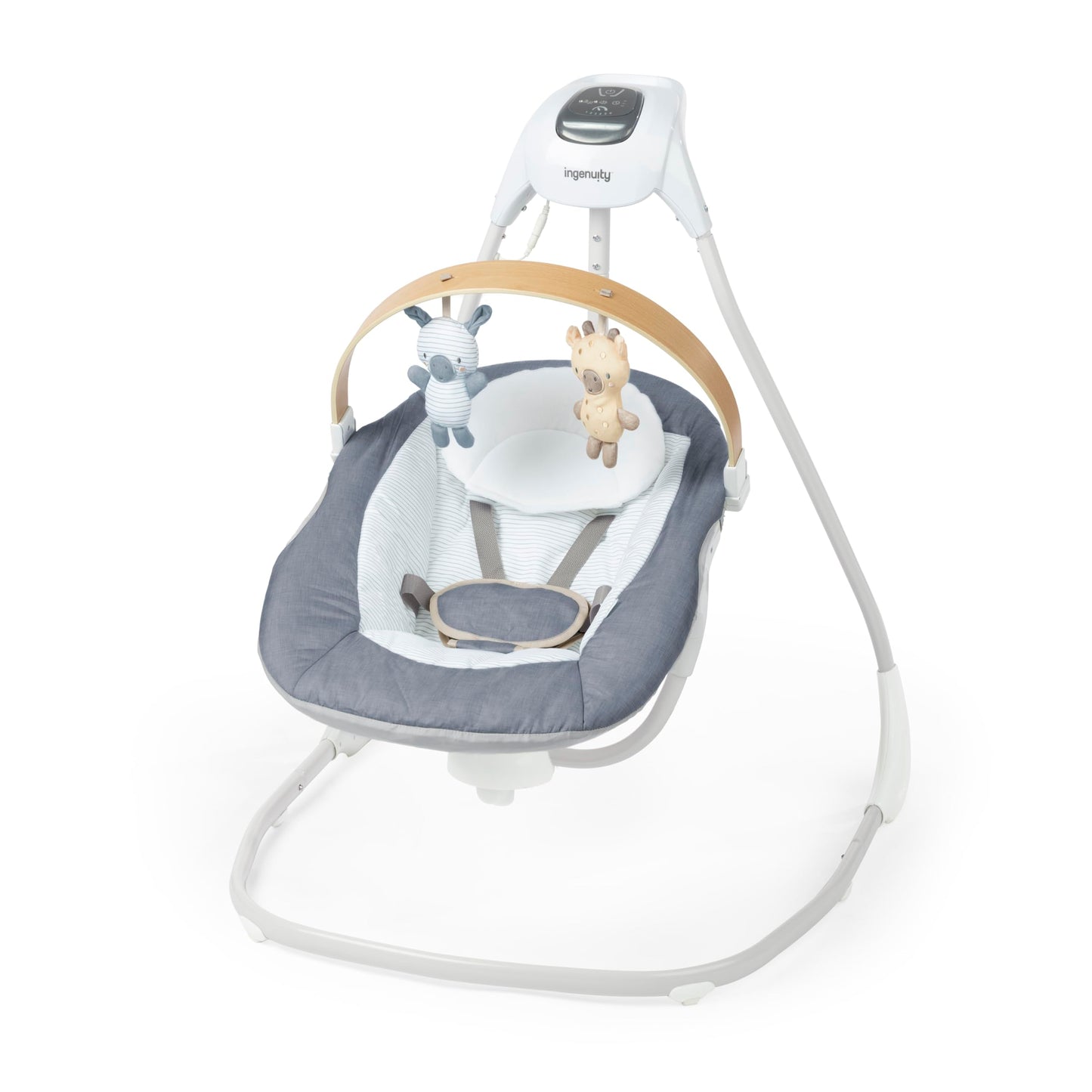 Ingenuity SimpleComfort Compact Soothing Swing Rotating Toy Bar Rotating Seat 6 Speeds for Ages 09 Months Up to 20 Pounds  Chambray