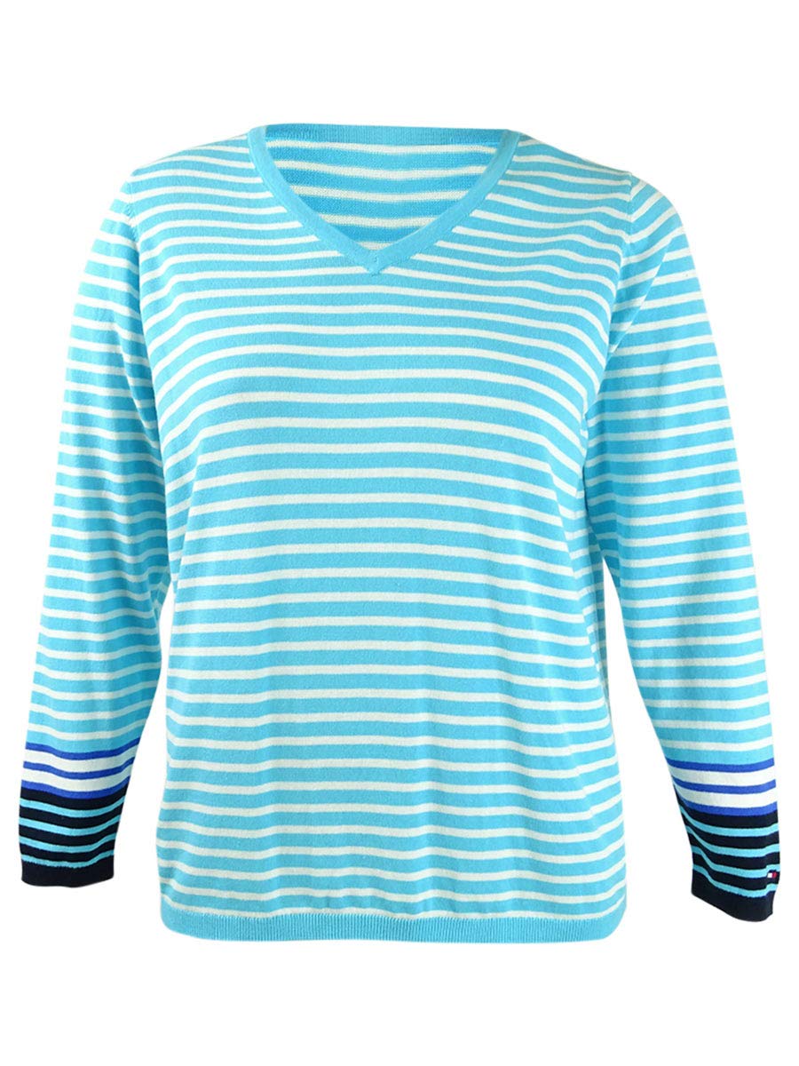 Tommy Hilfiger Womens Plus Striped V-Neck Pullover Sweater Blue 0X