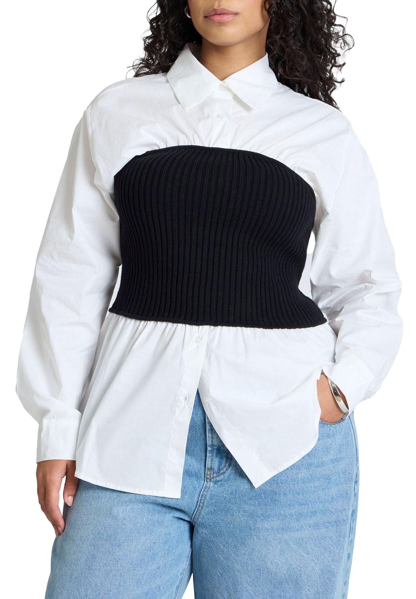 ELOQUII Women's Plus Size Sweater Tube Twofer Top - 14/16, Black and White