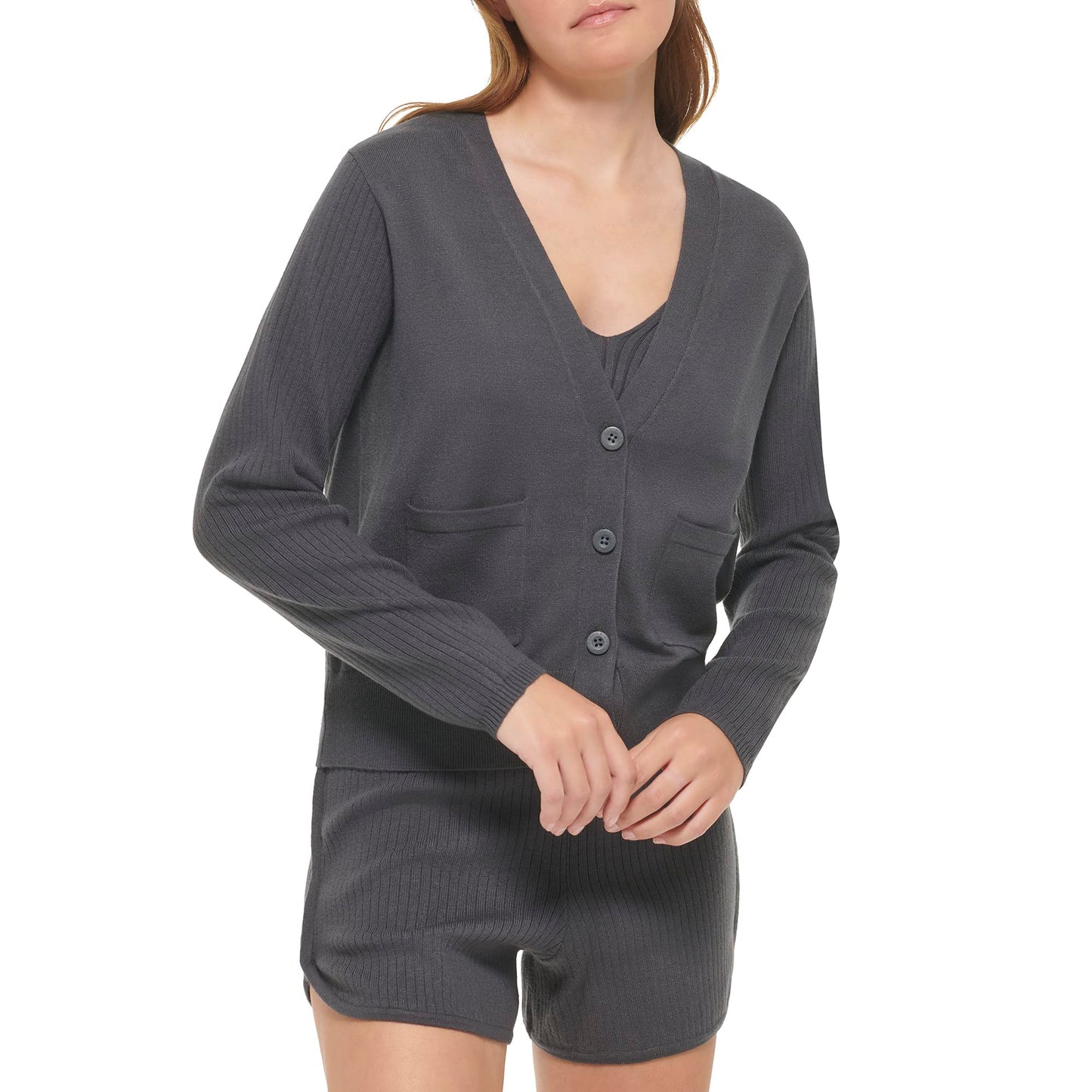 Calvin Klein Women's Front Pocket Button Up Sweater, Forged Iron, Medium