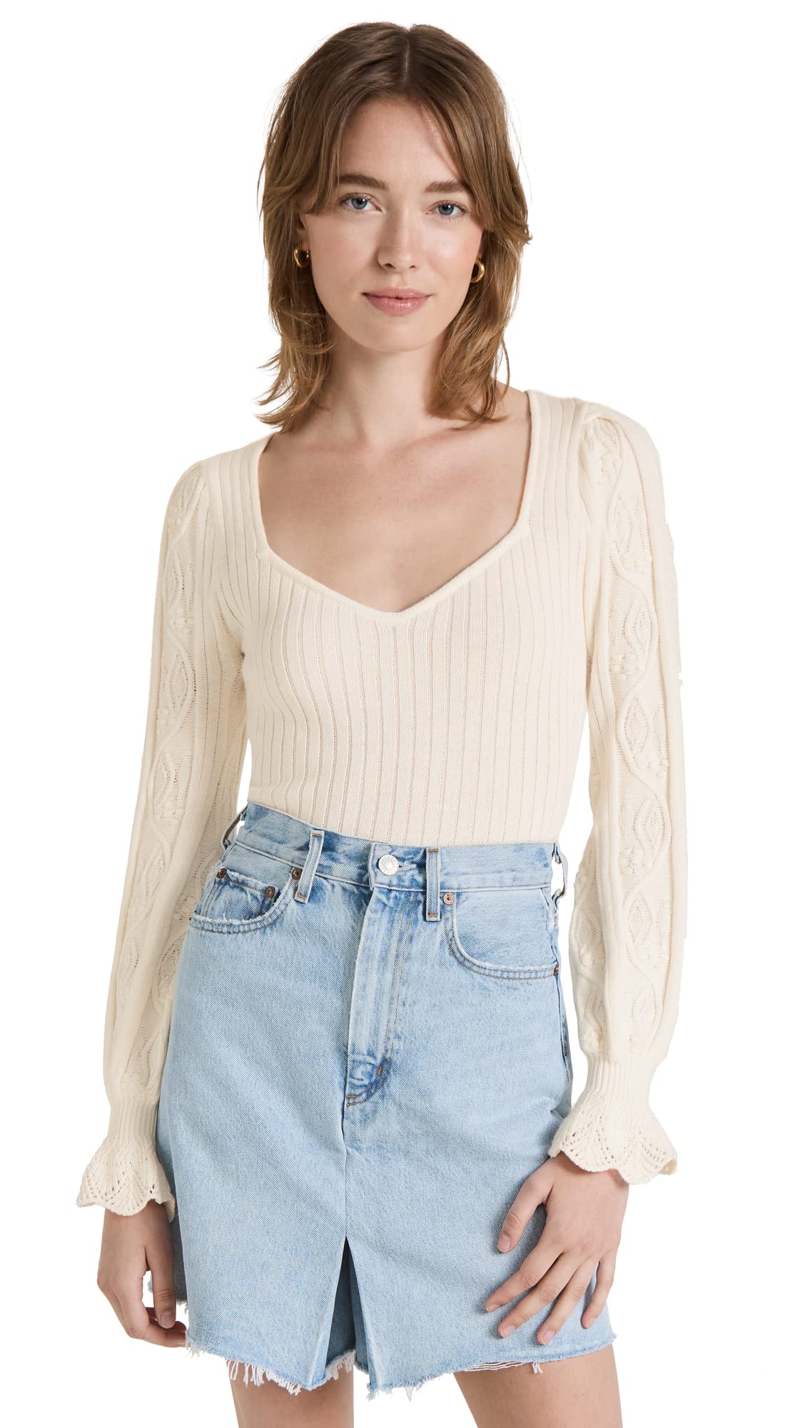 PAIGE womens Europa Top Long Sleeve Pouf Sleeve Sweetheart Neckline in Ivory Shirt, Ivory, X-Small US