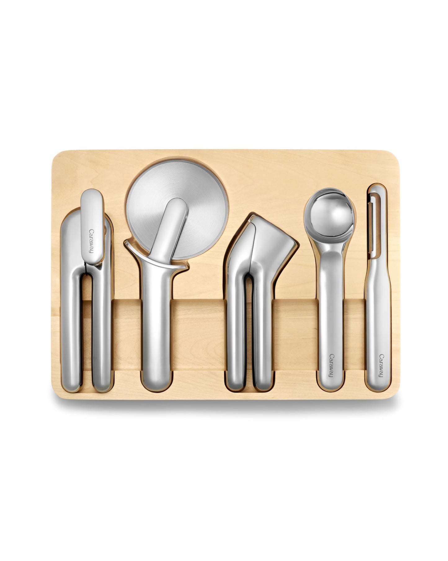 Caraway Kitchen Gadget Set  5 Piece Kitchen Essentials  Stainless Steel  Includes Can Opener Pizza Cutter Garlic Press Ice Cream Scoop Vegetable Peeler and Storage Organizer