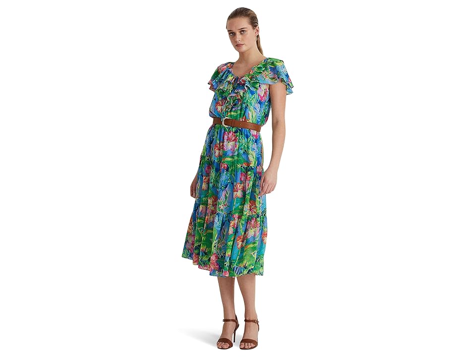 LAUREN Ralph Lauren Floral Crinkle Georgette Tiered Dress (Green/Blue Multi) Women's Clothing