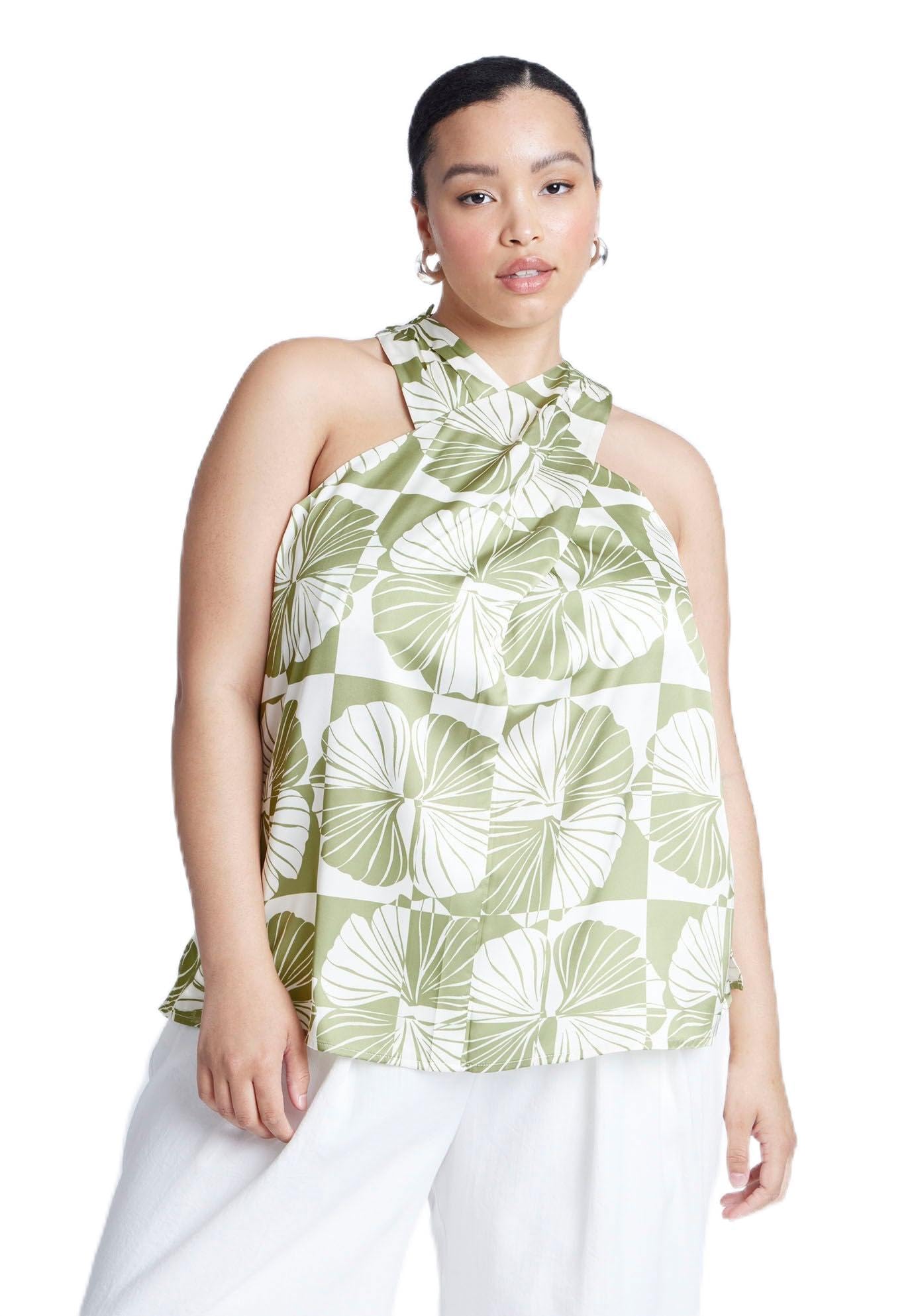 ELOQUII Women's Plus Size Halter Neck Top - 26, Frond Fan