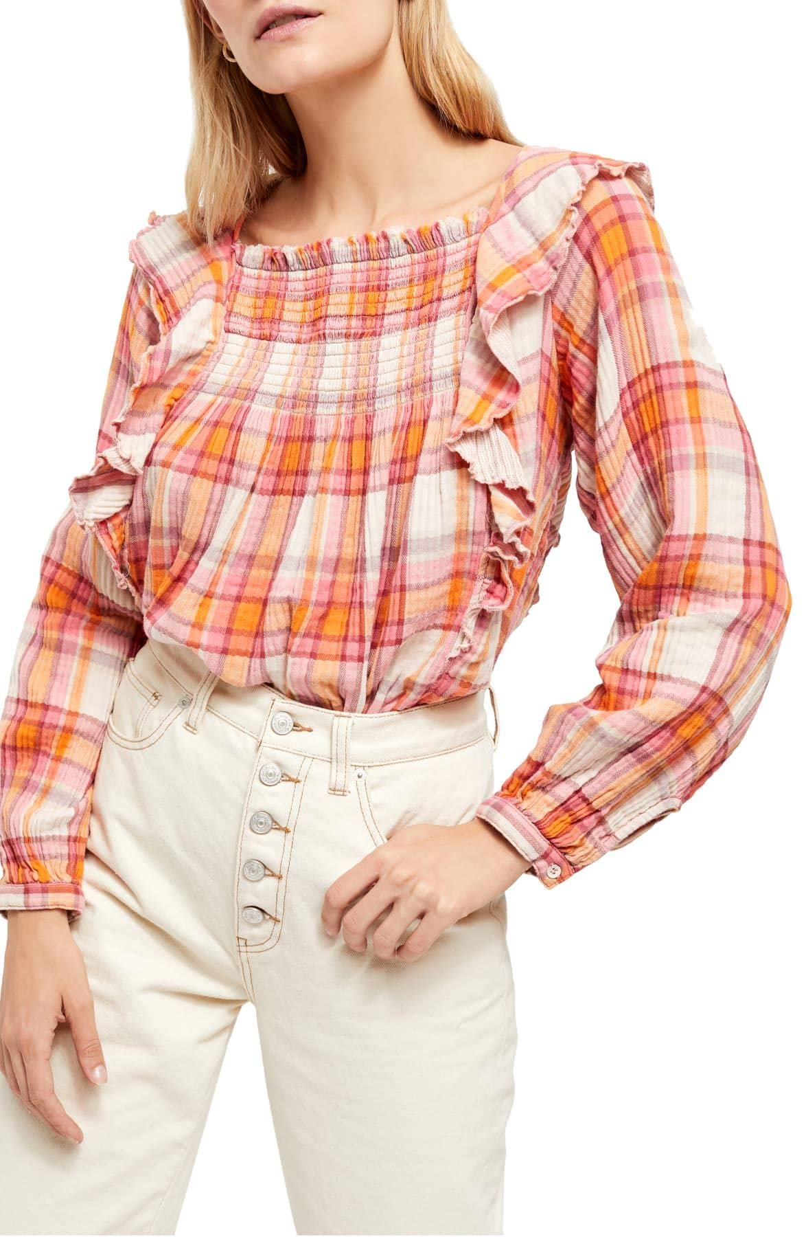 Free People Women's Siena Plaid Pullover Blouse (Multicolor', X-Large)