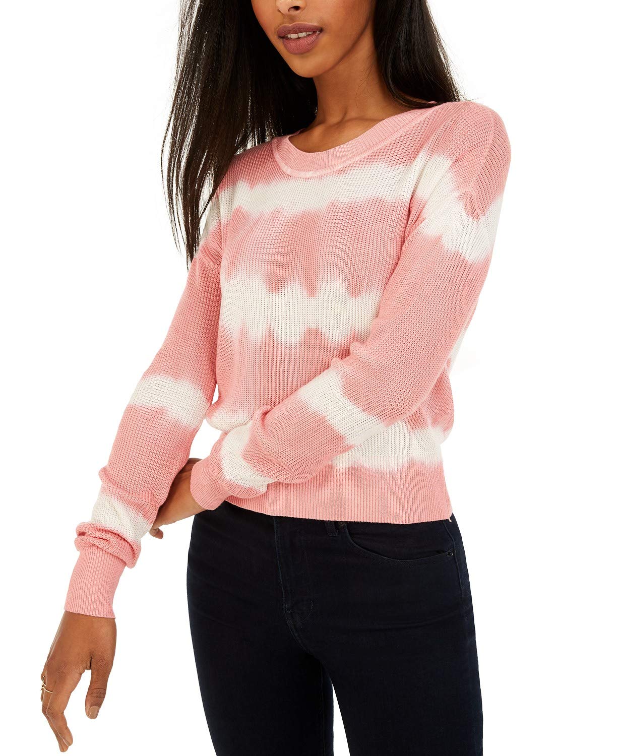 CRAVE FAME Juniors' Tie-Dyed Crew-Neck Sweater Pink Size Extra Large