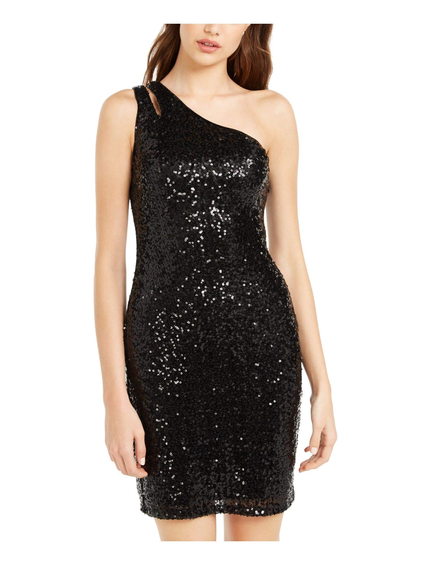 Teeze Me Womens Black Sequined Sleeveless Asymmetrical Neckline Short Sheath Cocktail Dress Size 11