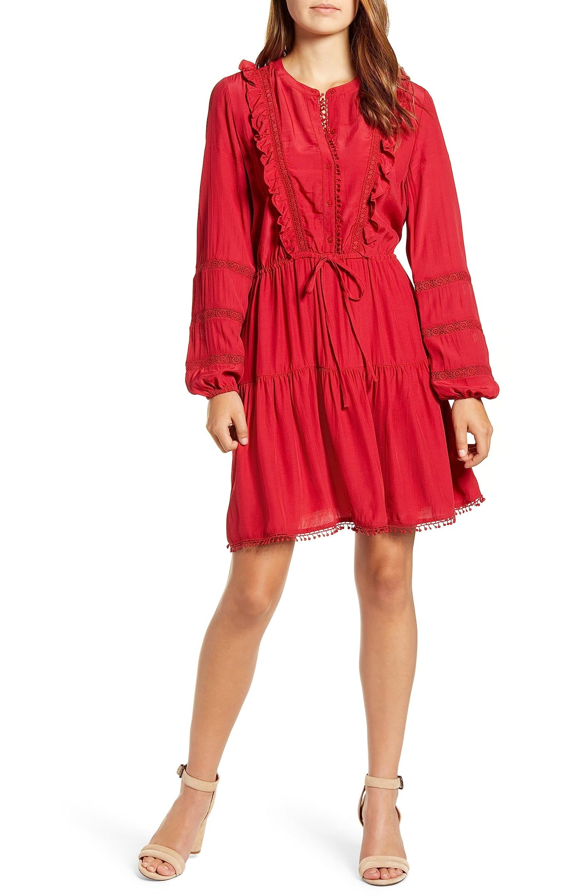 Lucky Brand Women's Lace Detail Long Sleeve Crepe Dress Red Size X-Small