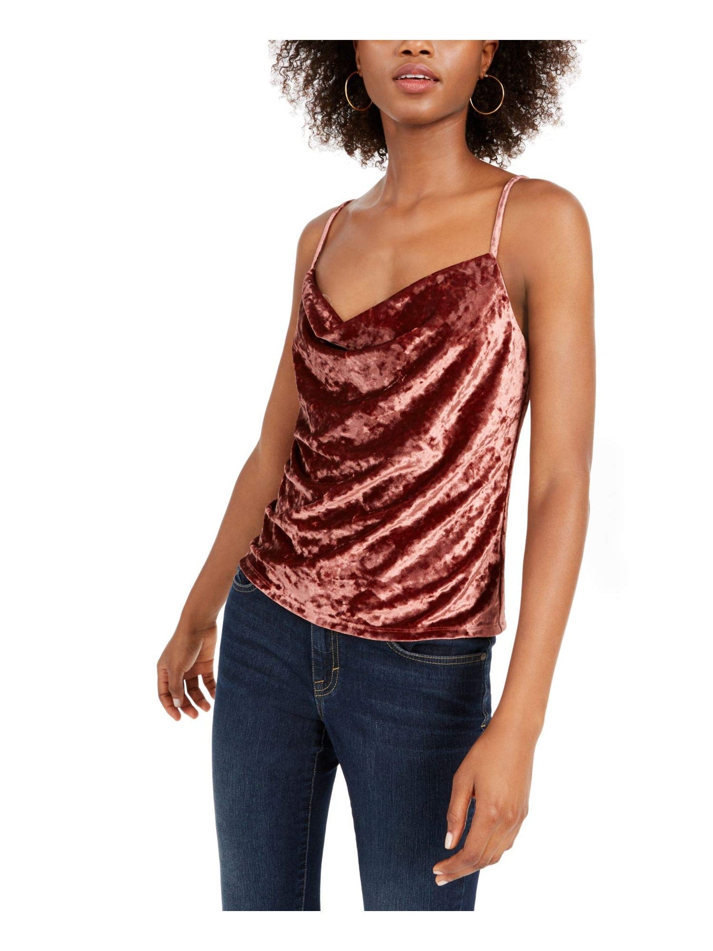 Leyden Womens Maroon Velvet Spaghetti Strap Cowl Neck Tank Top Size L