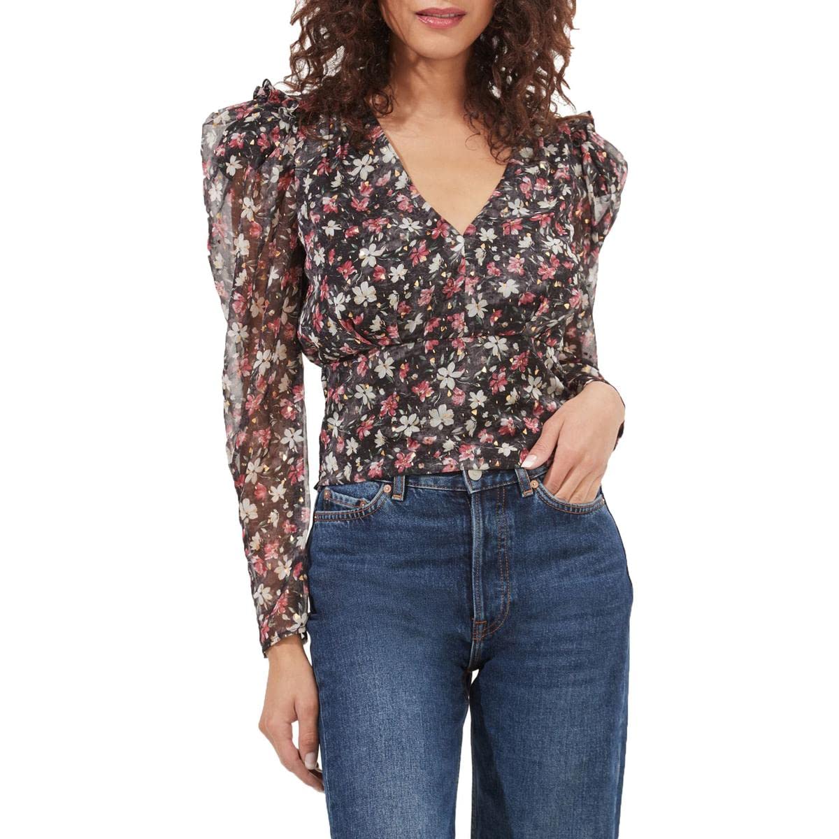ASTR the Label Womens Beverly Metallic Floral Print Blouse Black S
