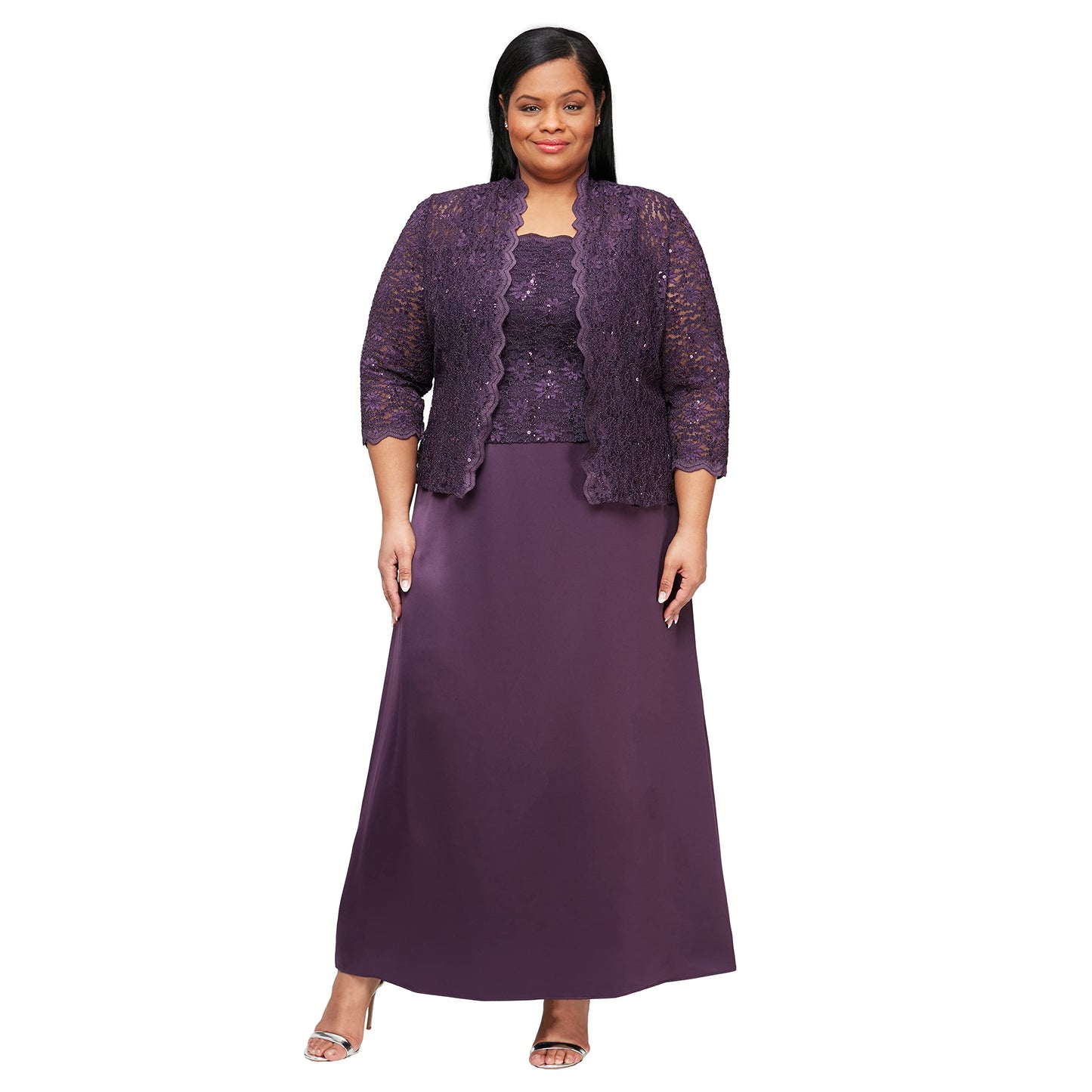 Alex Evenings Women's Long Two Piece Mother of The Bride Dress with Lace Jacket, Wedding Guest, Formal (Plus Size), Eggplant, 20W