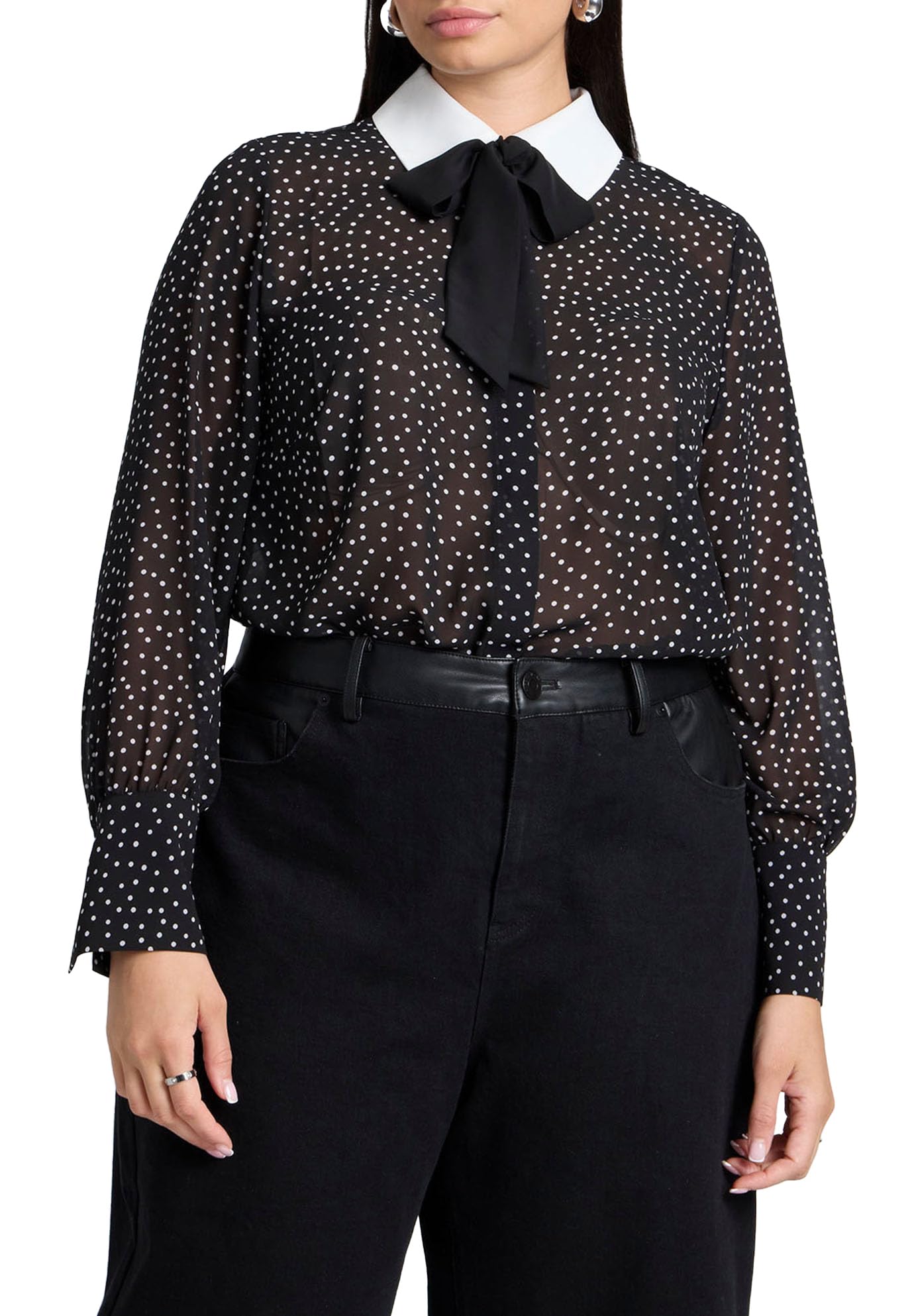 ELOQUII Women's Plus Size Polka Dot Collared Blouse - 14, Black and White