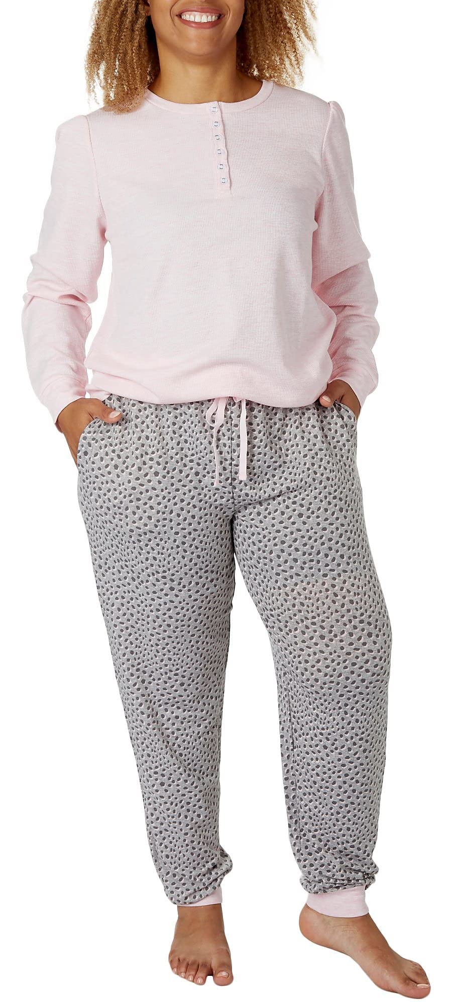 Splendid Women's Puff Sleeve Henley Jogger Set, Pink Heather/Grey Spot Dot, Medium