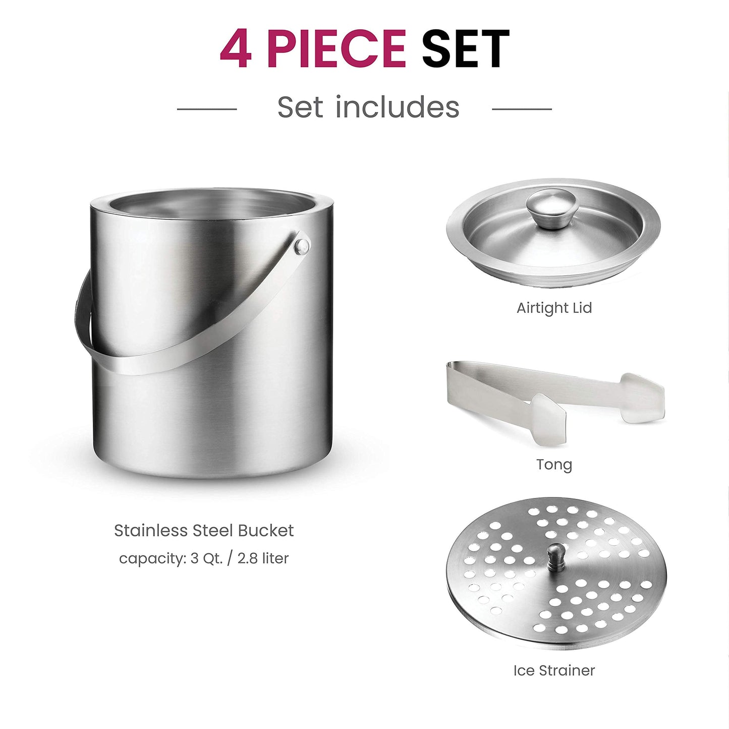 Double- Wall Stainless Steel Insulated Ice Bucket with Lid & Ice Tong