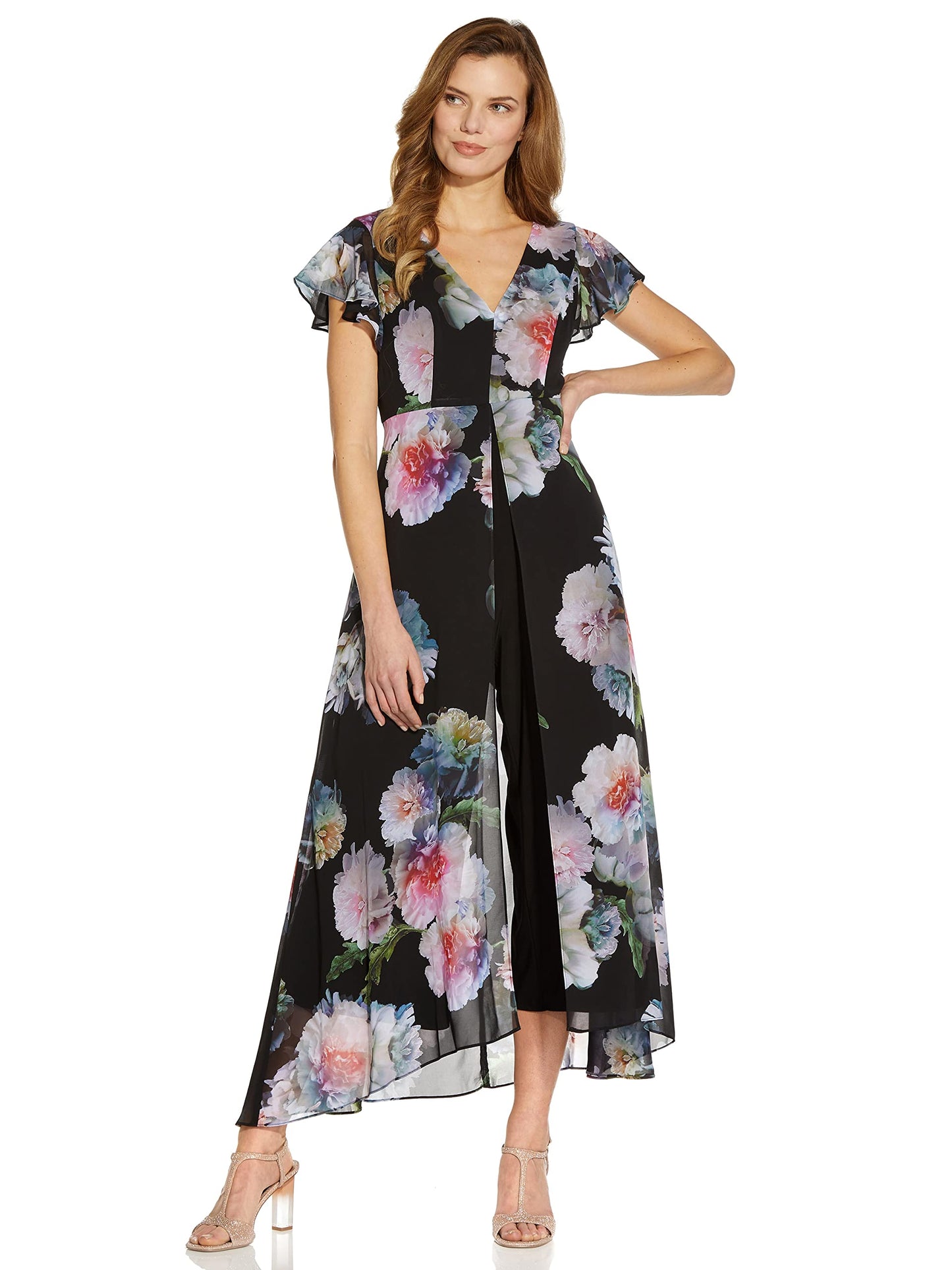 Adrianna Papell Women's Floral Printed Jumpsuit, Black Multi, 6