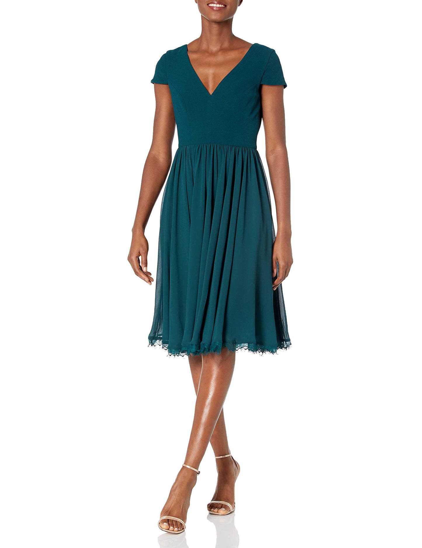 Dress the Population Womens Corey Cap Sleeve Plunge Neck Fit and Flare Knee Length Dress, Pine, Medium US