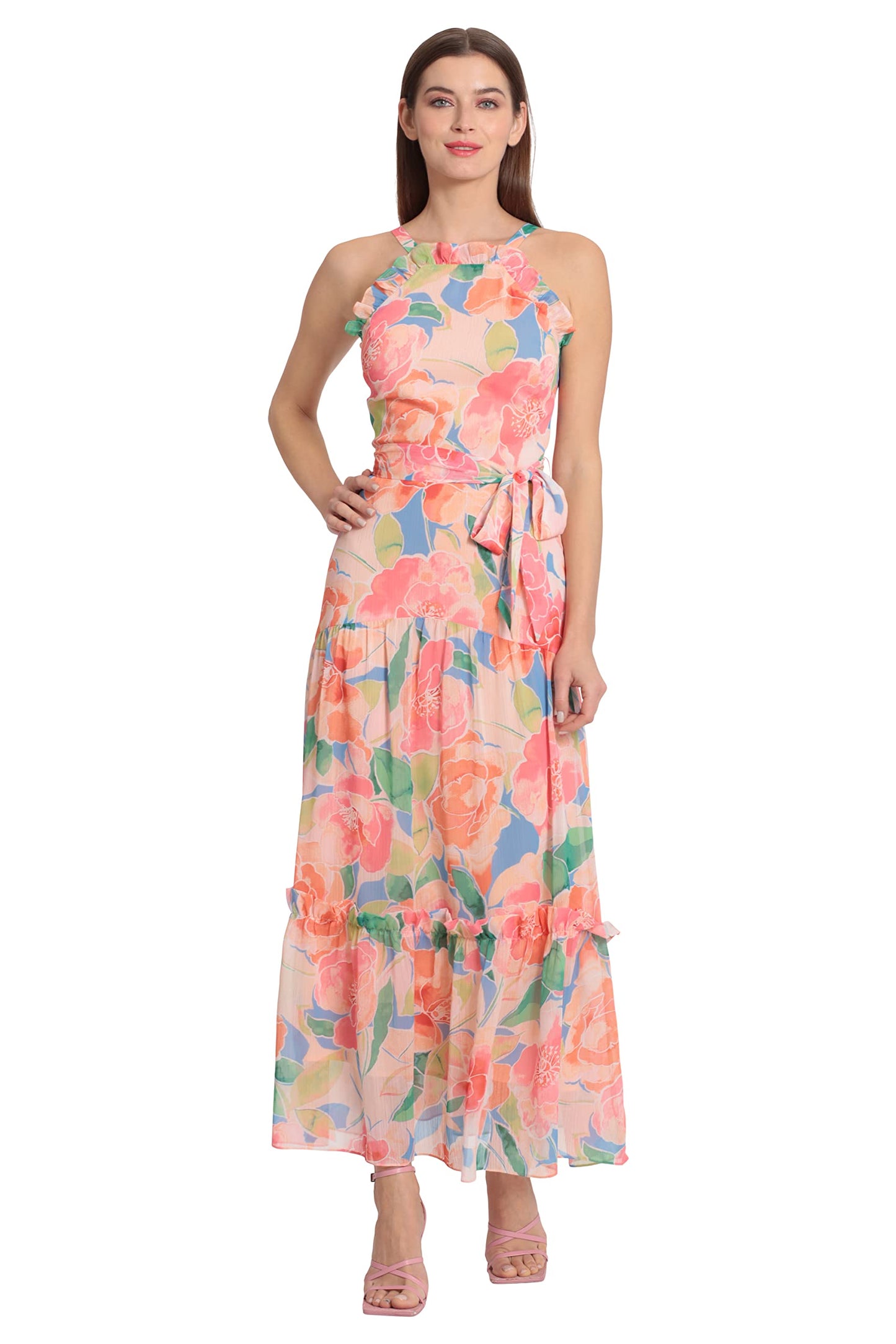 Maggy London Womens Dresses Halter Neck Chiffon Maxi with Ruffle Details, Sky Blue/Peach, 14 US