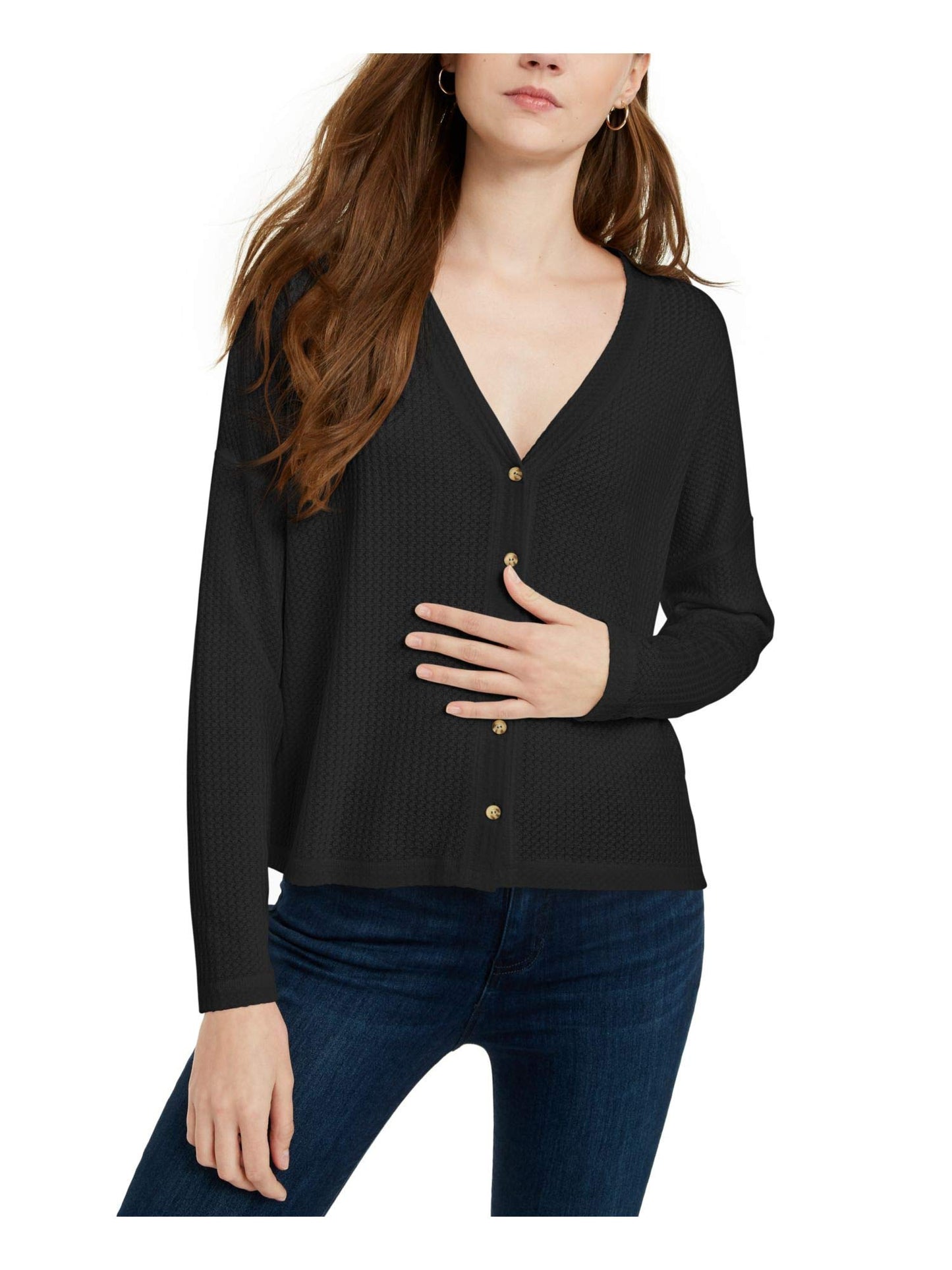 Hippie Rose Juniors' Oversized Waffle-Knit Cardigan Black Size Large
