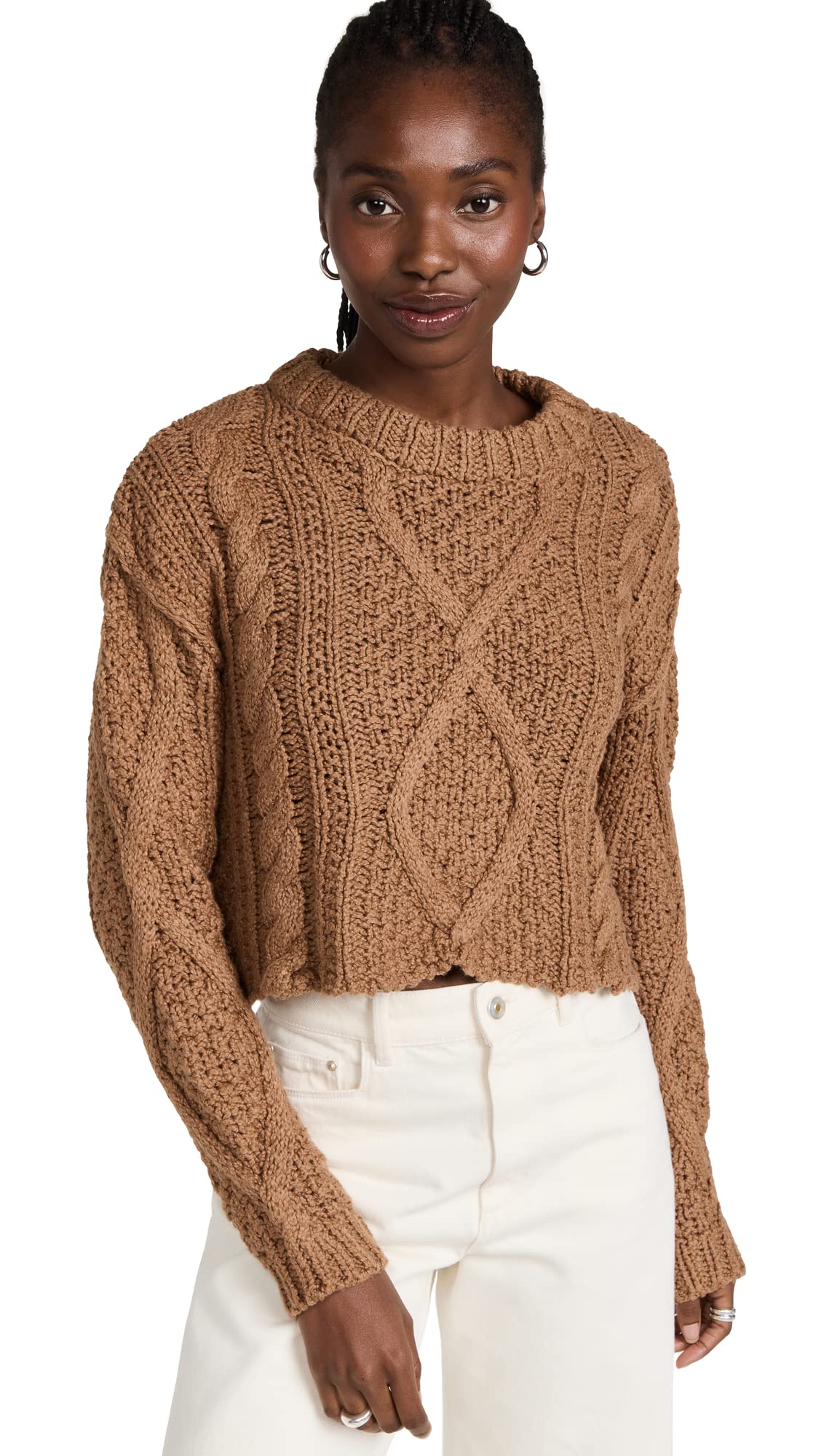 Free People Women's Cutting Edge Cable Sweater, Camel, Brown, S