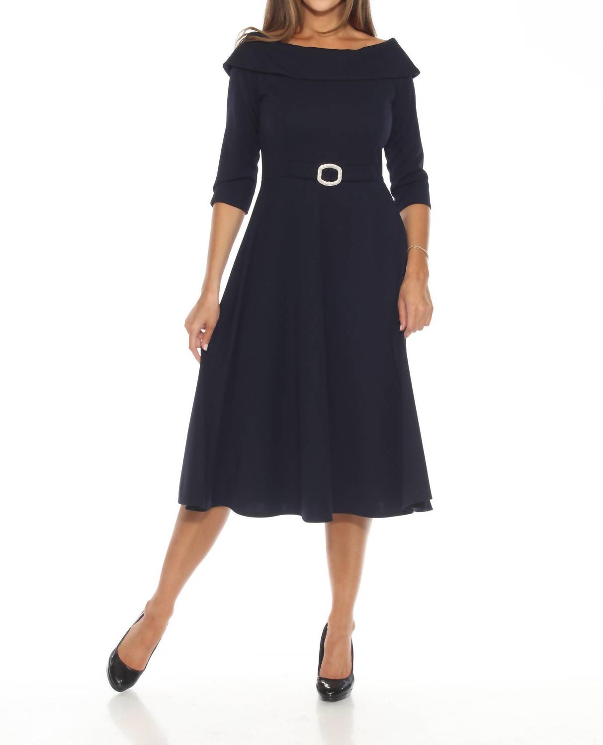 Joseph Ribkoff - Rhinestone Buckle Off-shoulder Midi Dress