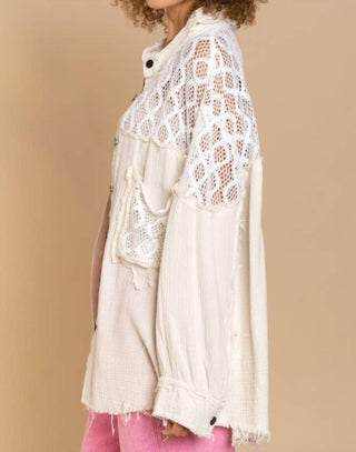 Pol - Oversized Lace Accent Button Down Shirt