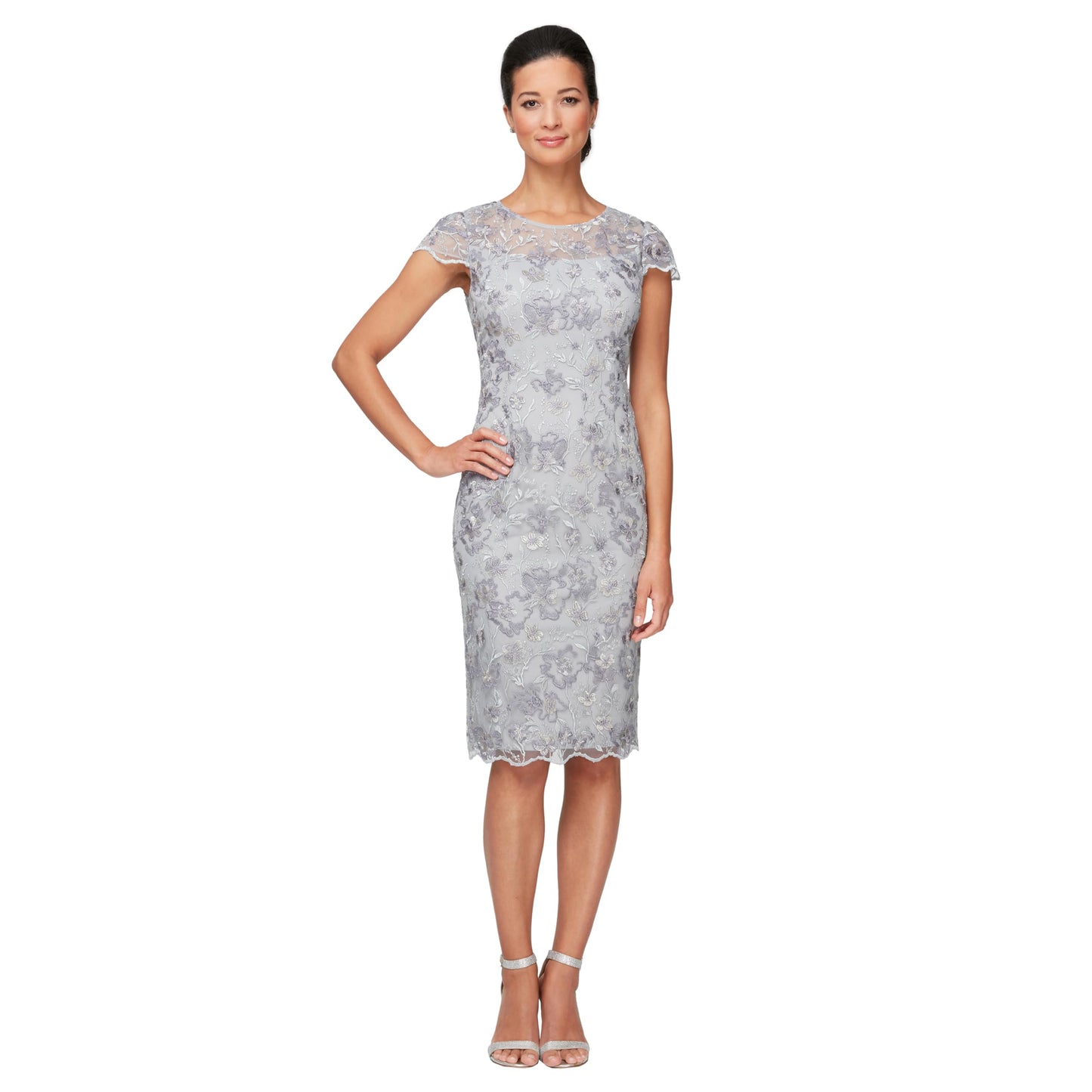 Alex Evenings Women's Short Embroidered Cocktail Dress, Wedding Guest (Petite and Regular Sizes), Dove, 4