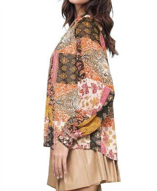 Entro - Daphne Patchwork Print Chiffon Long-sleeve Top