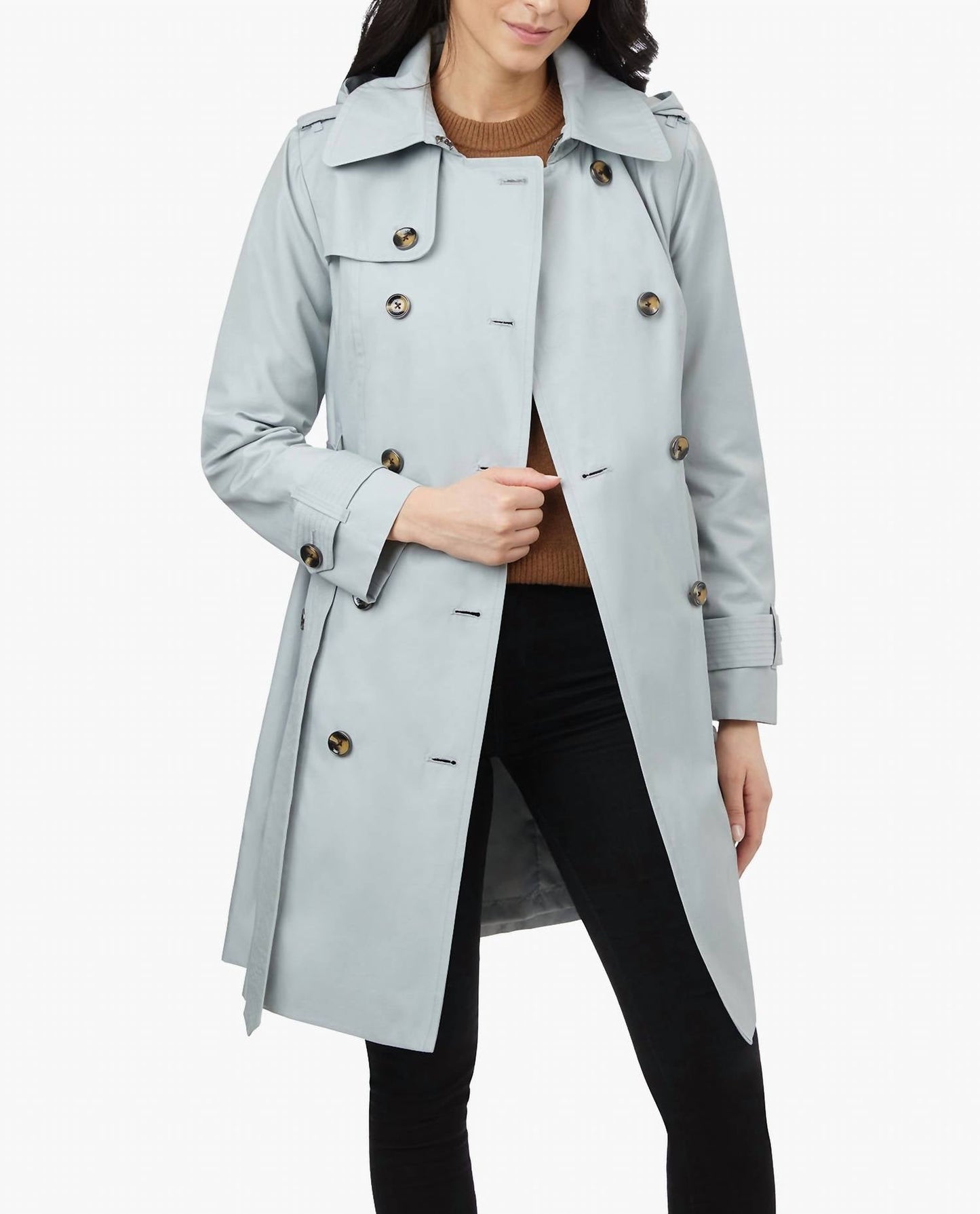 London Fog - Double Breasted Hooded Trench Coat With Waist Belt