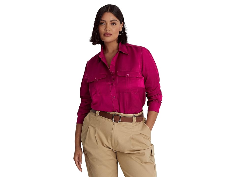 LAUREN Ralph Lauren Plus Size Satin Shantung Shirt (Fuchsia Berry) Women's Clothing