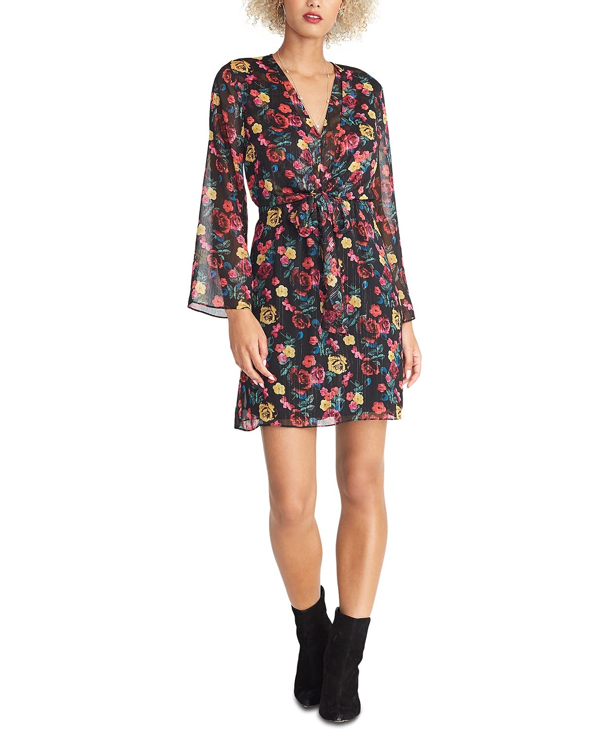RACHEL Rachel Roy Womens Emma Floral Tie Front Party Dress Black XS
