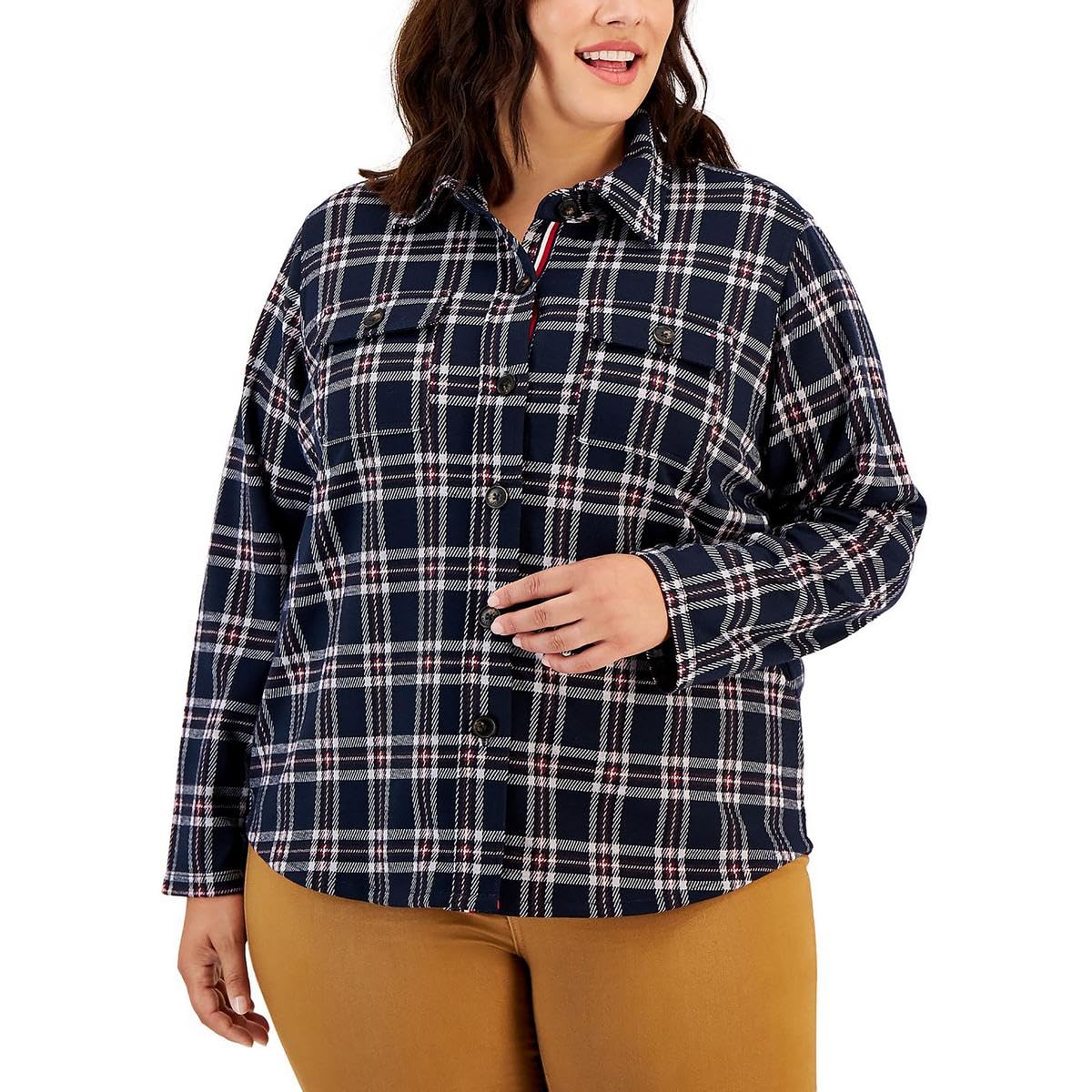 Tommy Hilfiger Women's Plus Everyday Soft Casual Shacket, SKYCAP/Crimson, 2X