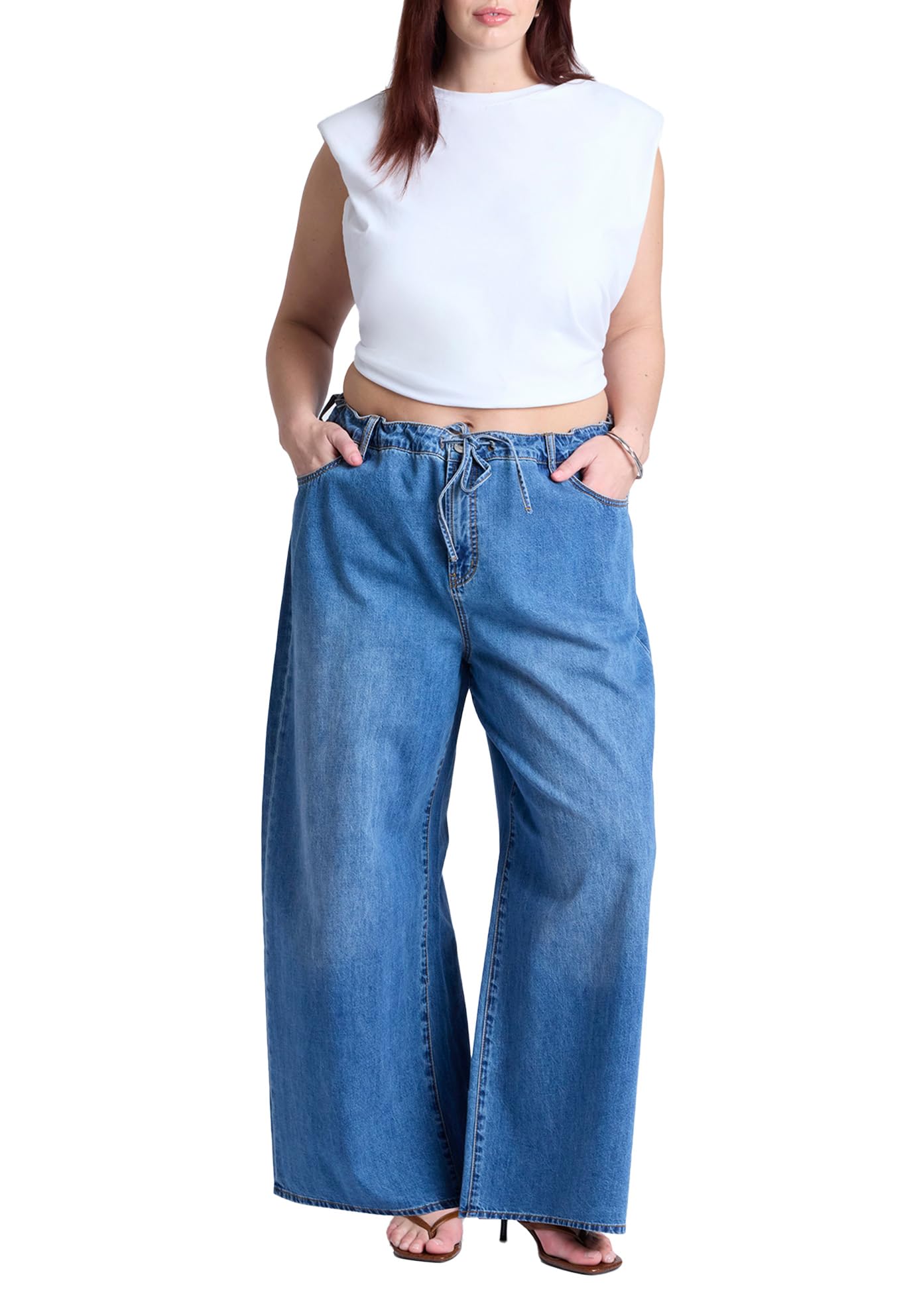 ELOQUII Women's Plus Size Drawstring Waist Lightweight Jean - 20, Medium Wash