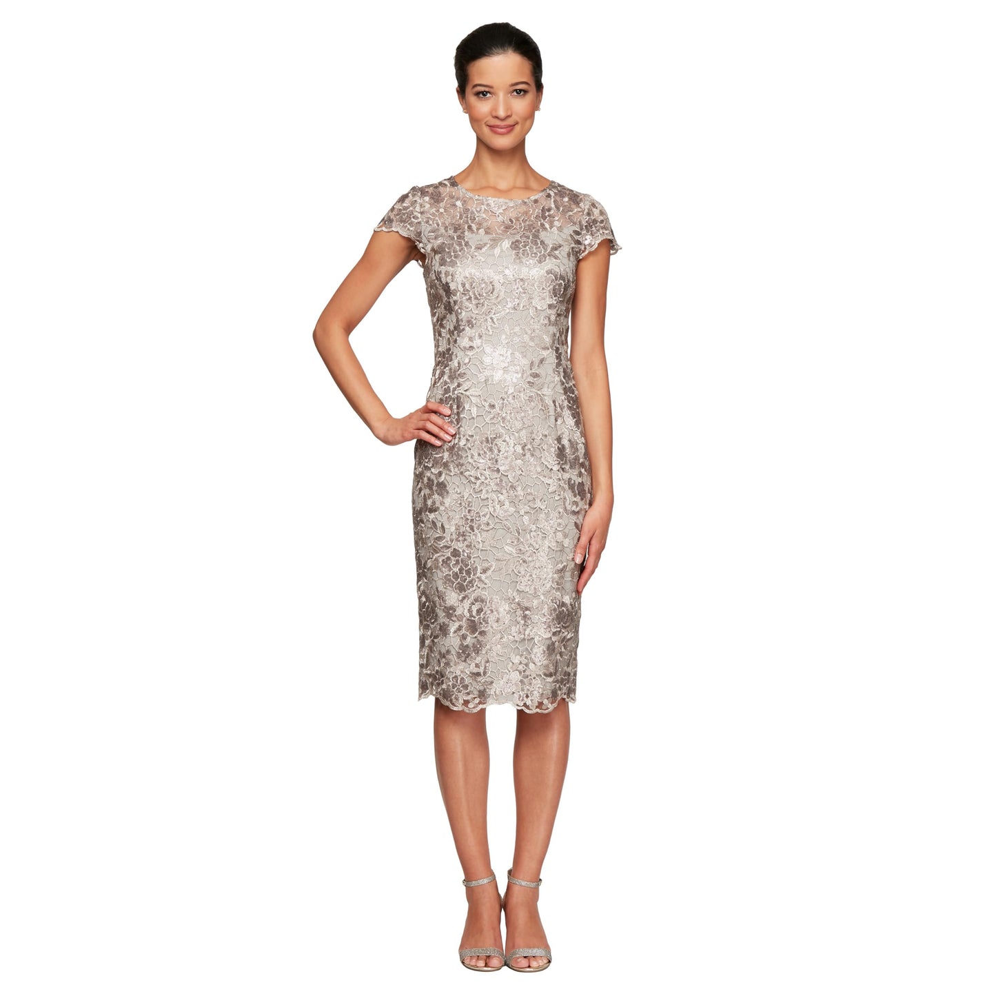 Alex Evenings Women's Short Floral Embroidered Cocktail Sheath Dress, Wedding Guest, Formal Gown (Petite and Regular Sizes), Taupe, 16