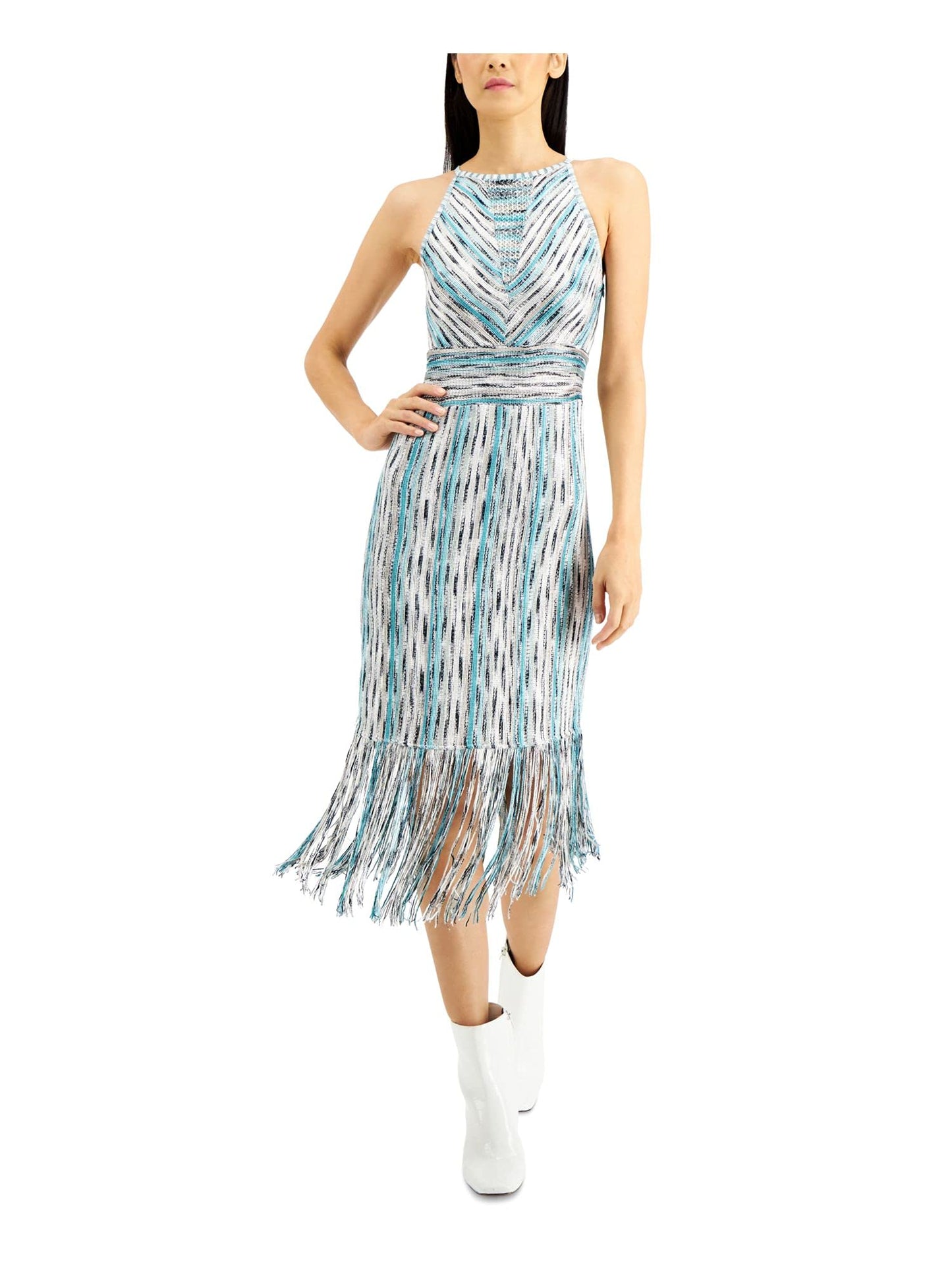 INC Women's Turquoise Striped Halter Sheath Dress