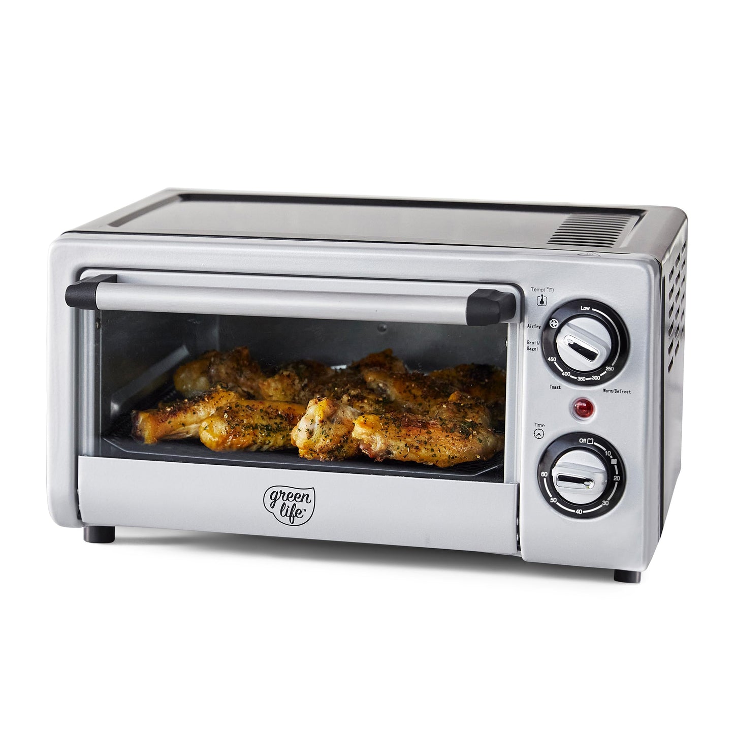 GreenLife Countertop Toaster Oven Air Fryer Stainless Steel Healthy Ceramic Nonstick PFAS Free Tray  Basket Bake Broil Reheat Adjustable Temp  Time Control Auto Shutoff Black
