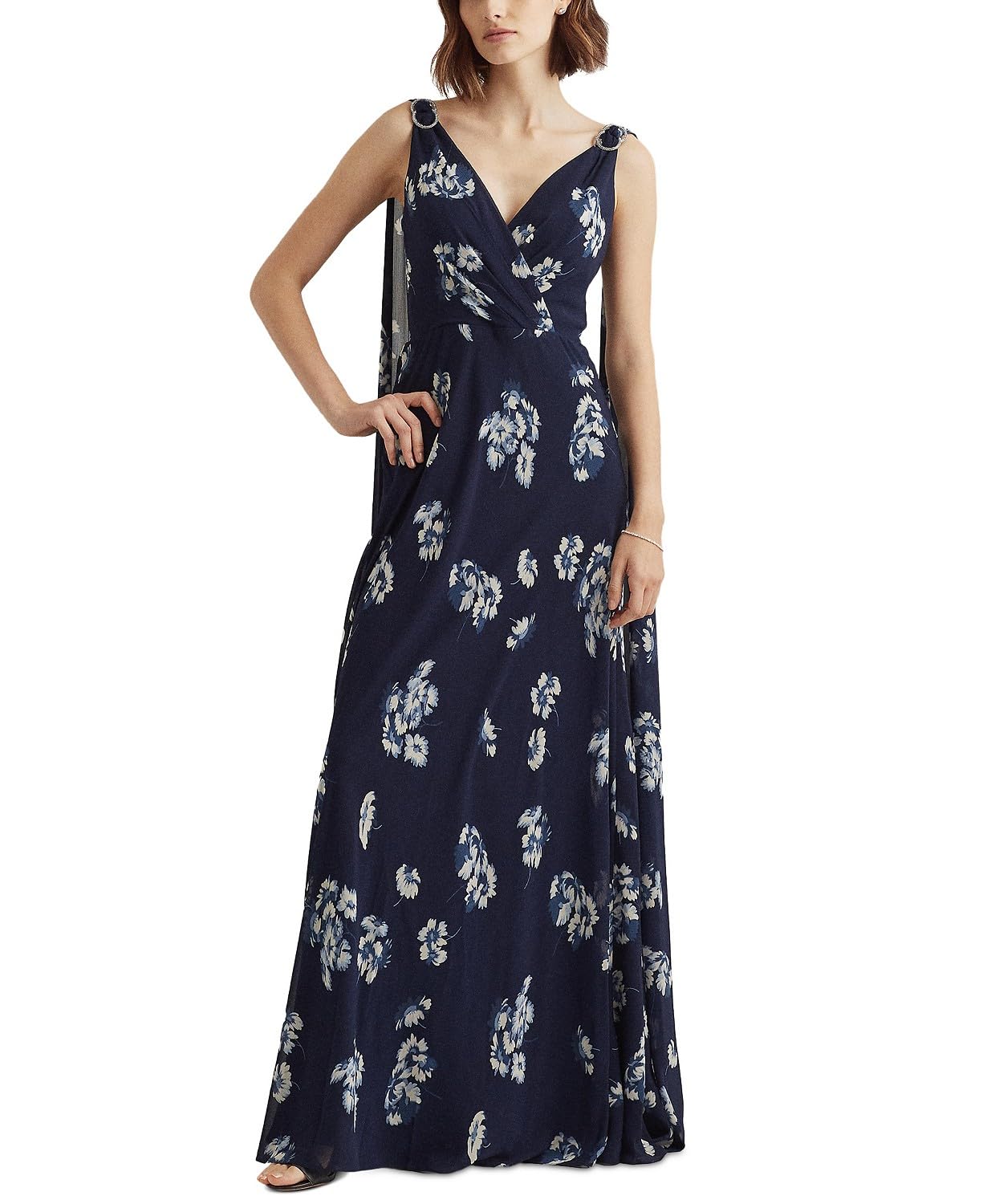 Women's Blue Floral Georgette Gown Dress