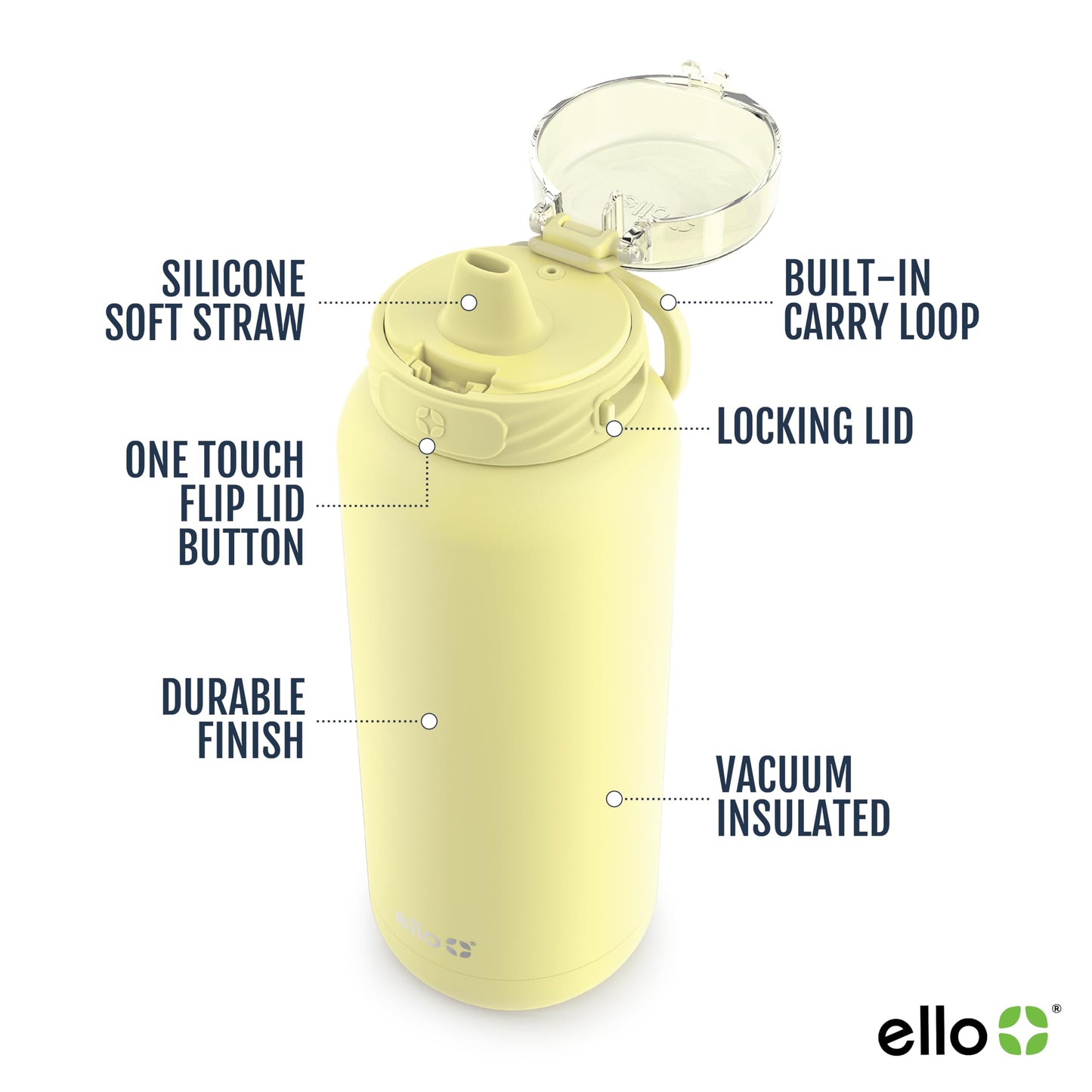 Ello Cooper 32oz Stainless Steel Water Bottle with Straw and Carry Handle Double Walled and Vacuum Insulated Metal Leak Proof Locking Lid with Soft Silicone Spout Reusbale BPA Free Lemonade