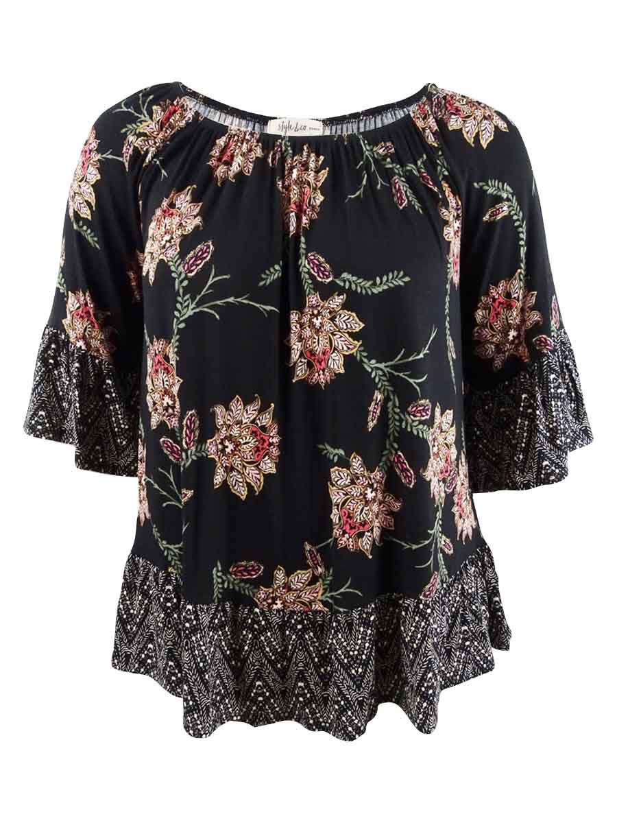 Style & Co. Womens Plus Flounce Trim Printed Blouse Black 0X