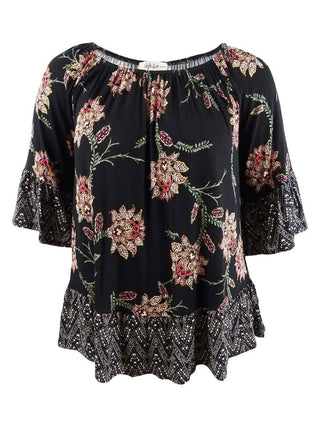Style & Co. Womens Plus Flounce Trim Printed Blouse Black 0X