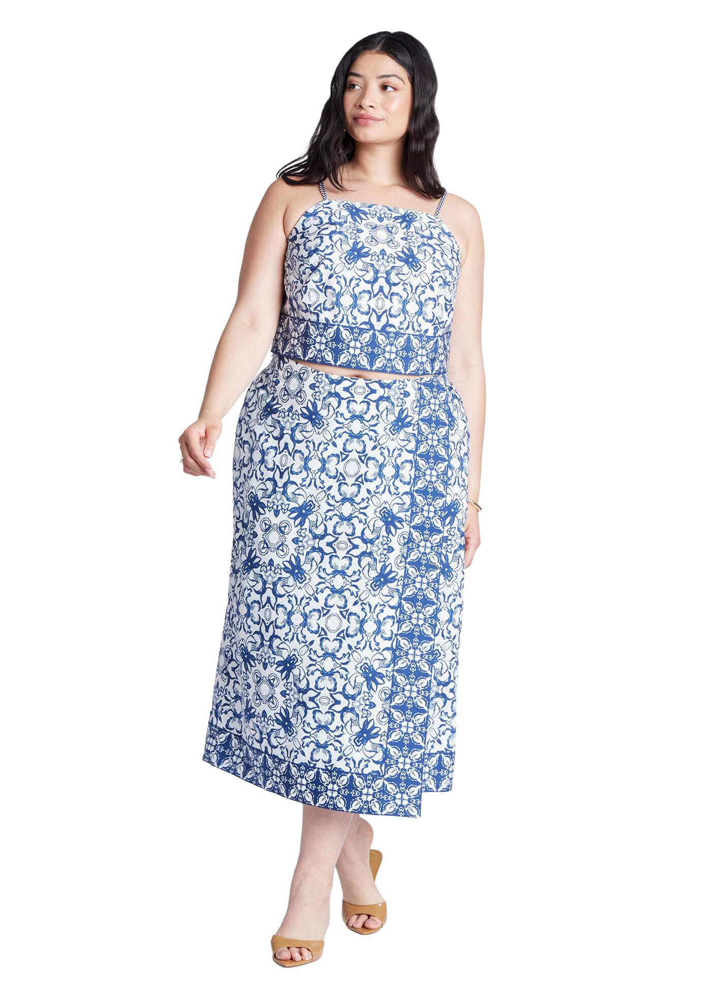 ELOQUII Women's Plus Size Border Print Midi Skirt - 22, Azulejo