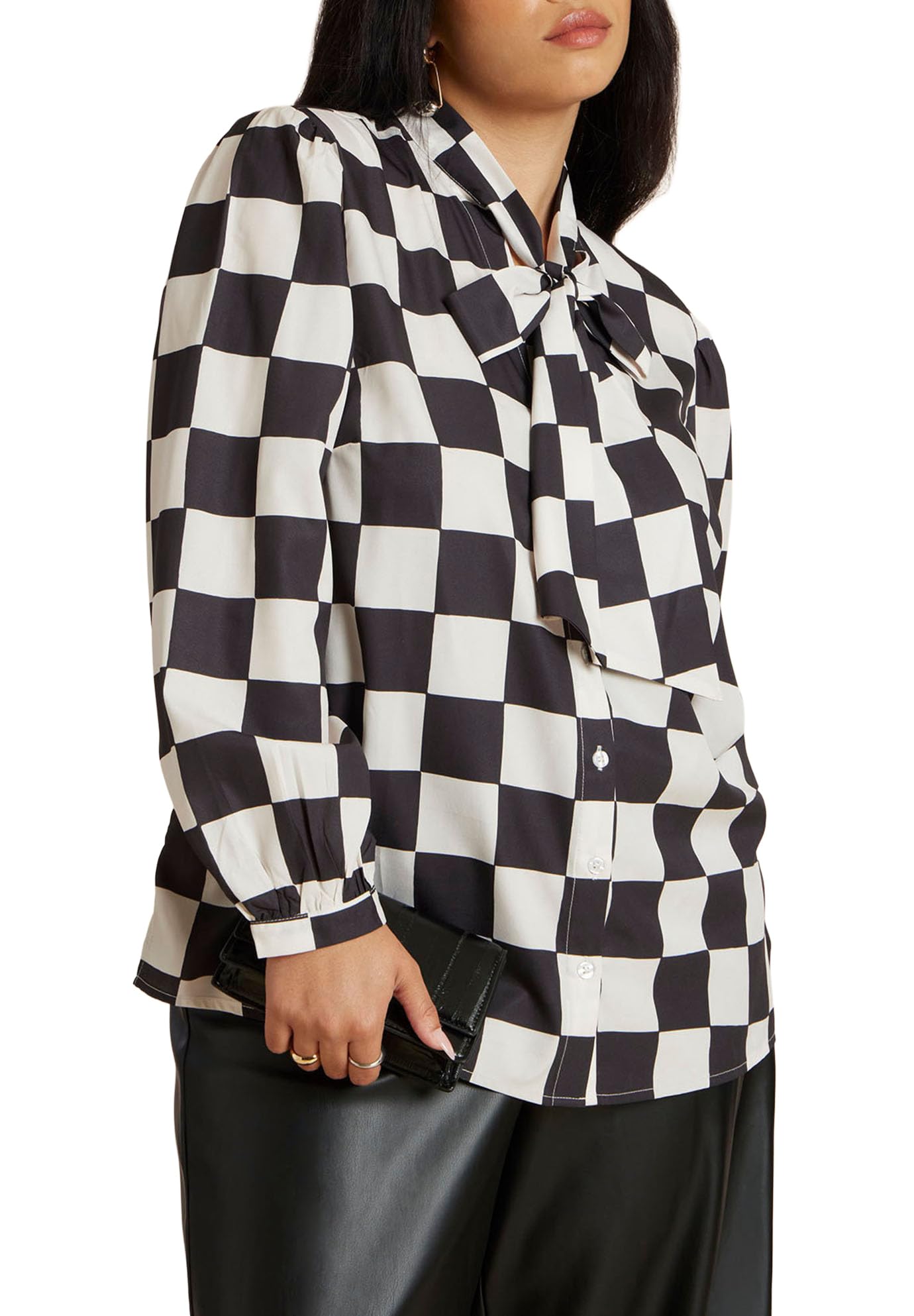 ELOQUII Womens Plus Size Printed Tie Neck Blouse  18 Checkered