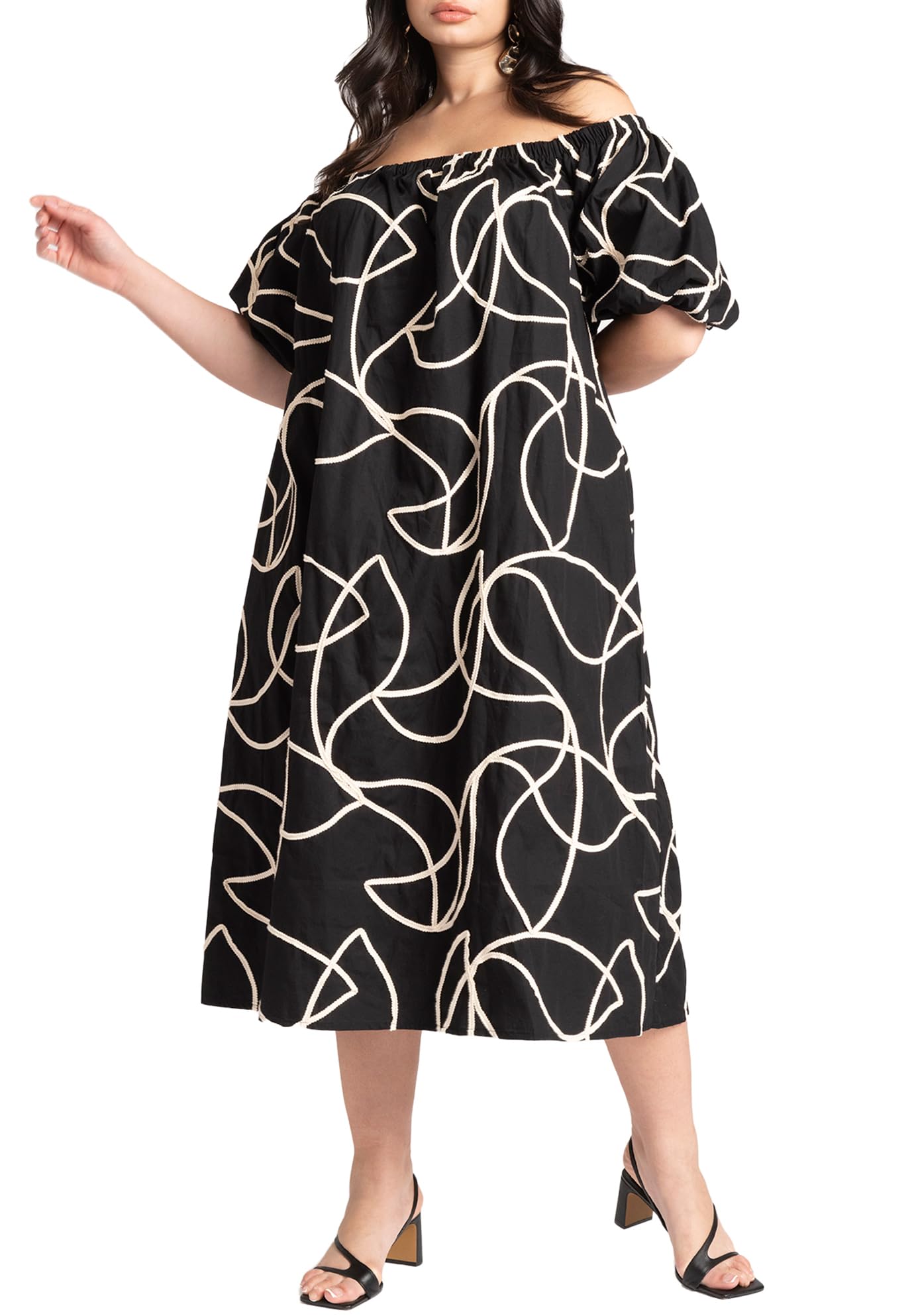 ELOQUII Women's Plus Size Embroidered Midi Dress - 14, Black Onyx