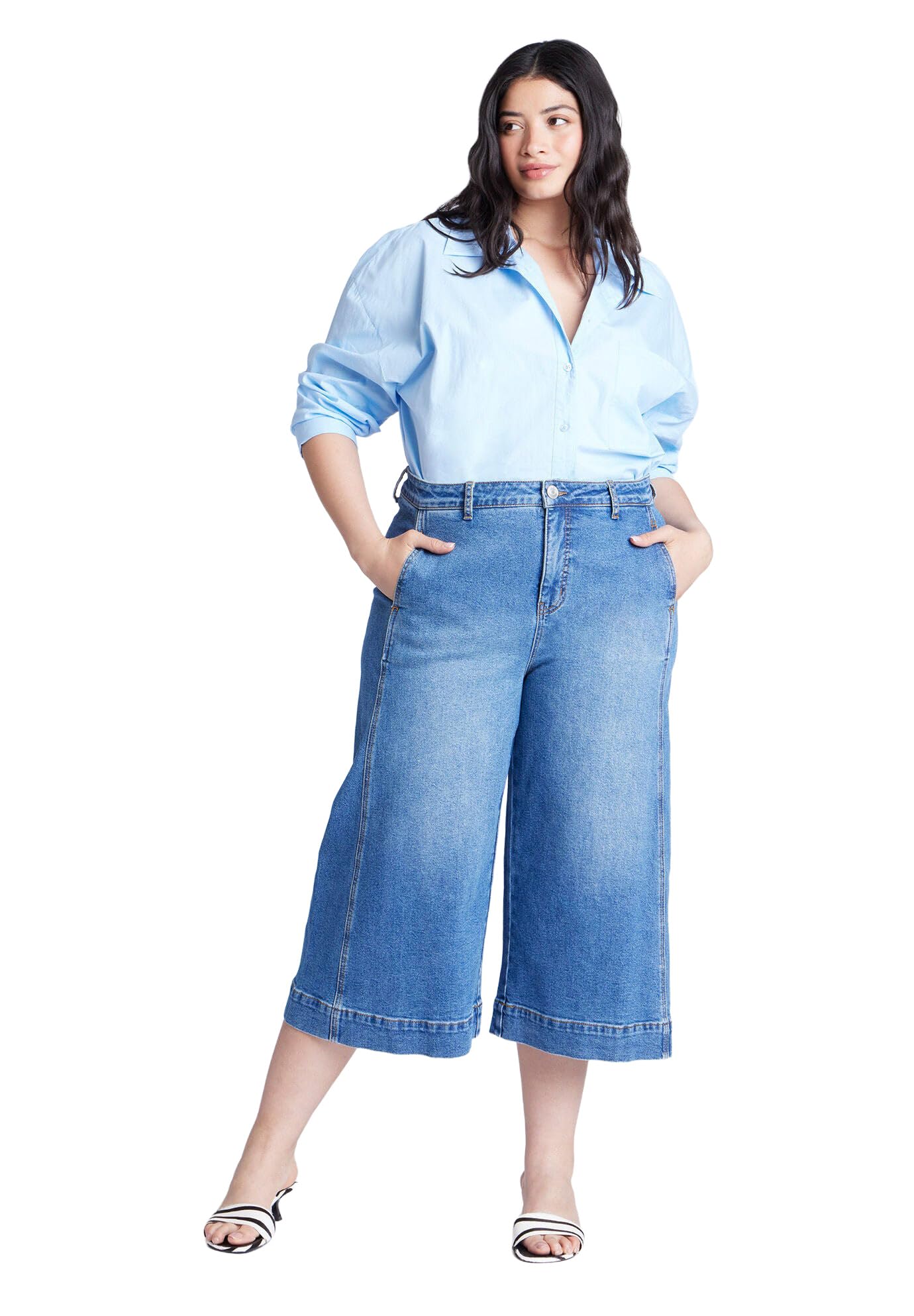 ELOQUII Women's Plus Size Denim Culotte - 22, Medium Wash