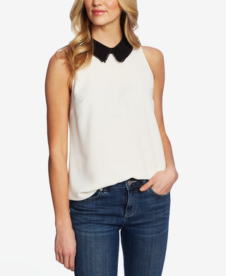 CeCe Women's Sleeveless Peter Pan Collar Top Soft Ecru Size Small